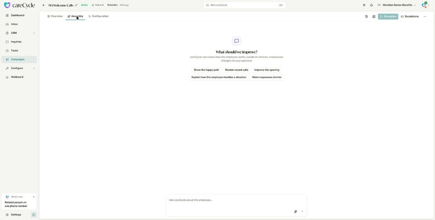 Assembly's starting view, offering prompts like "Show the happy path" and "Improve the opening"