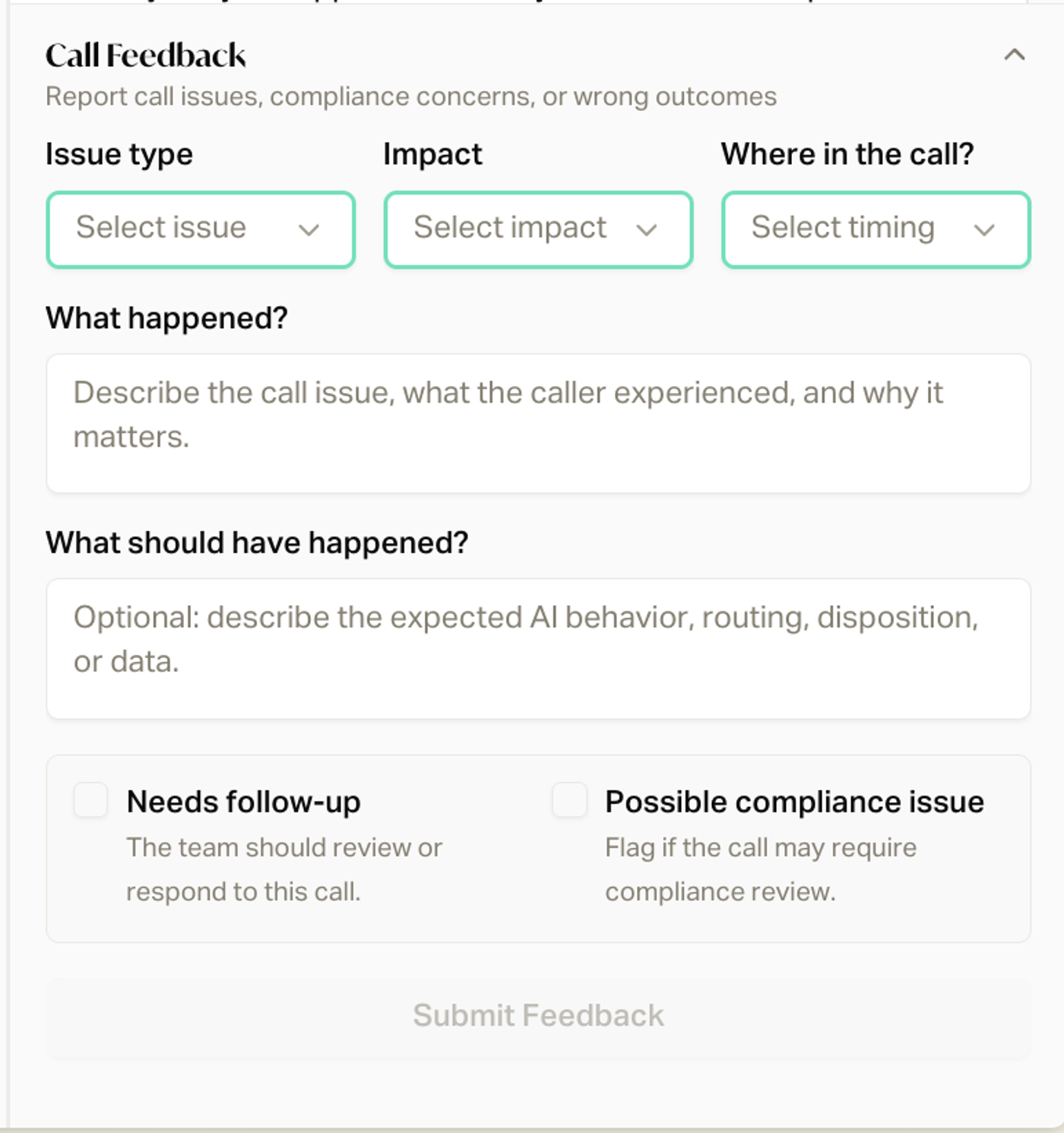 Call feedback ui/ux within careCycle platform.