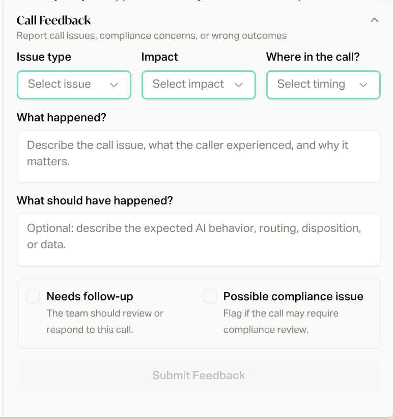 Call feedback ui/ux within careCycle platform.