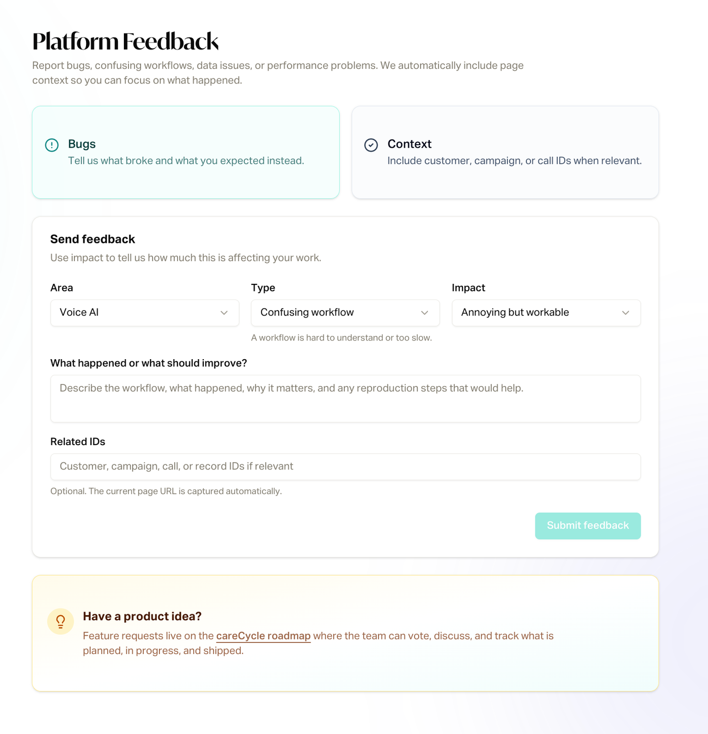 Platform feedback screenshot of careCycle ui/ux.