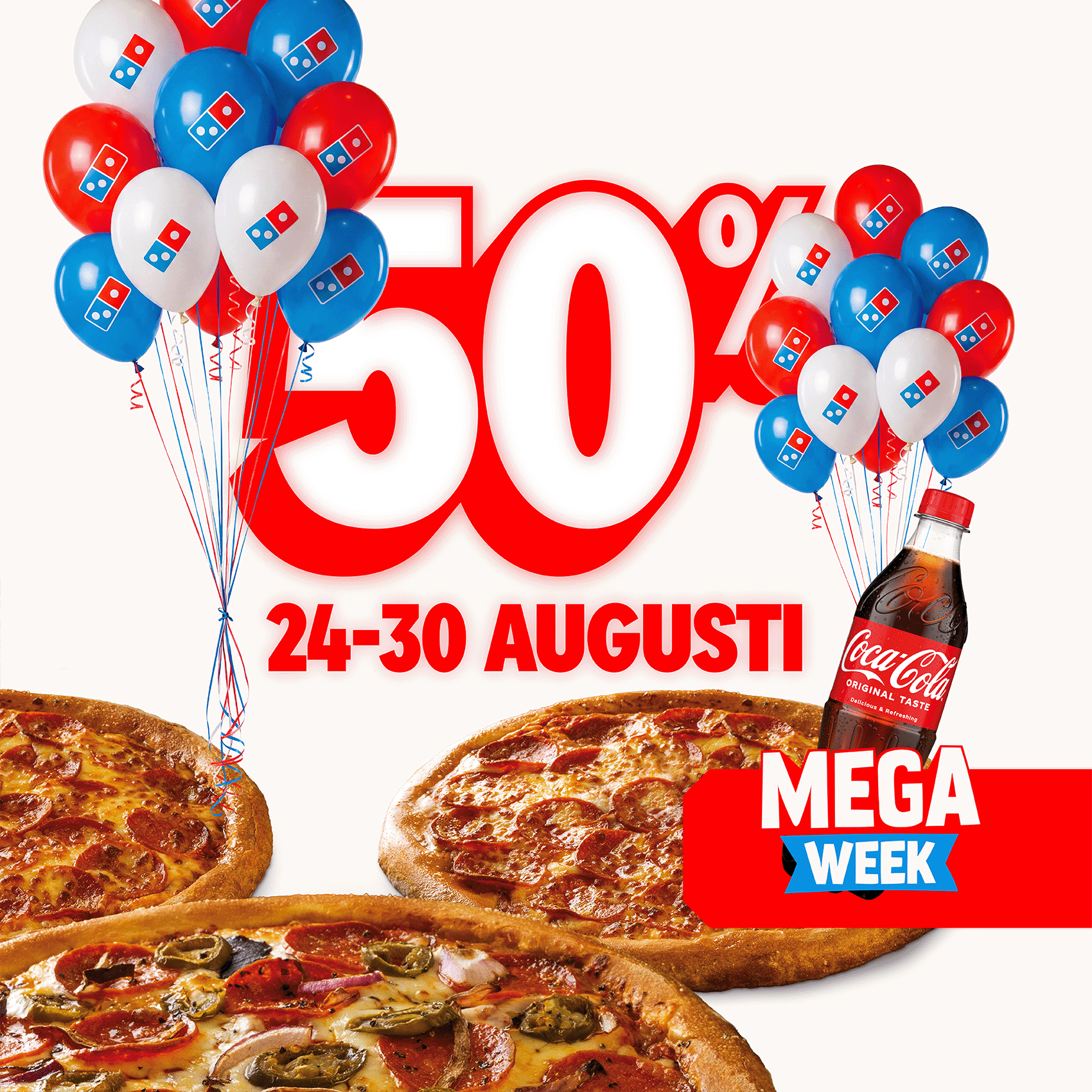 50% rabatt på alla pizzor och drycker.