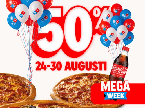 50% rabatt på alla pizzor och drycker.