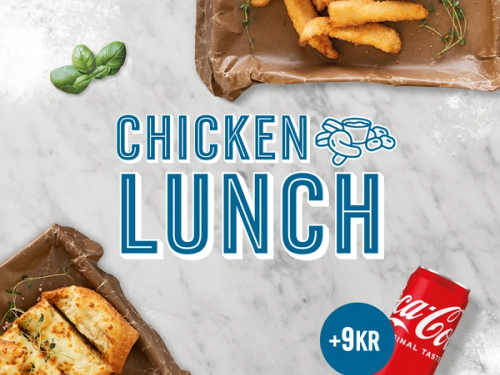 1 any chicken with dip + 1 any pizza bread or potato wedges. Add 9kr for a drink 33CL of your choice