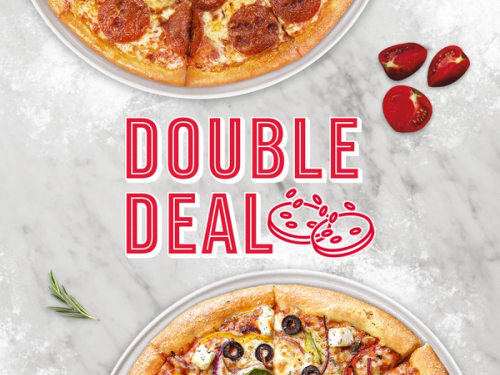 2 Medium pizzas of your choice.