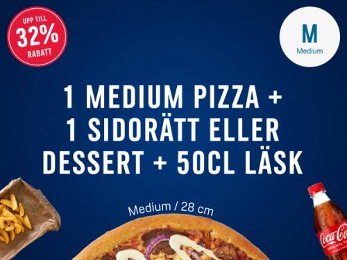 1 medium pizza + 1 side/dessert + 50cl drink.