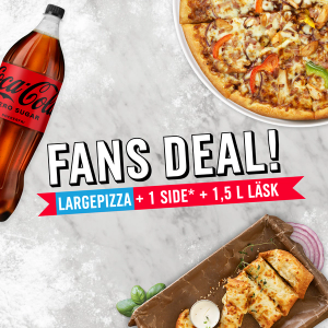 1 Large pizza + 1 Side + 1 drink 1,5L of your choice. Does not apply to chicken sides.