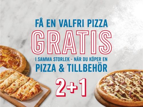 Köp en pizza med tillbehör och få den andra pizzan gratis.