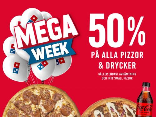 50% rabatt på alla pizzor och drycker.
