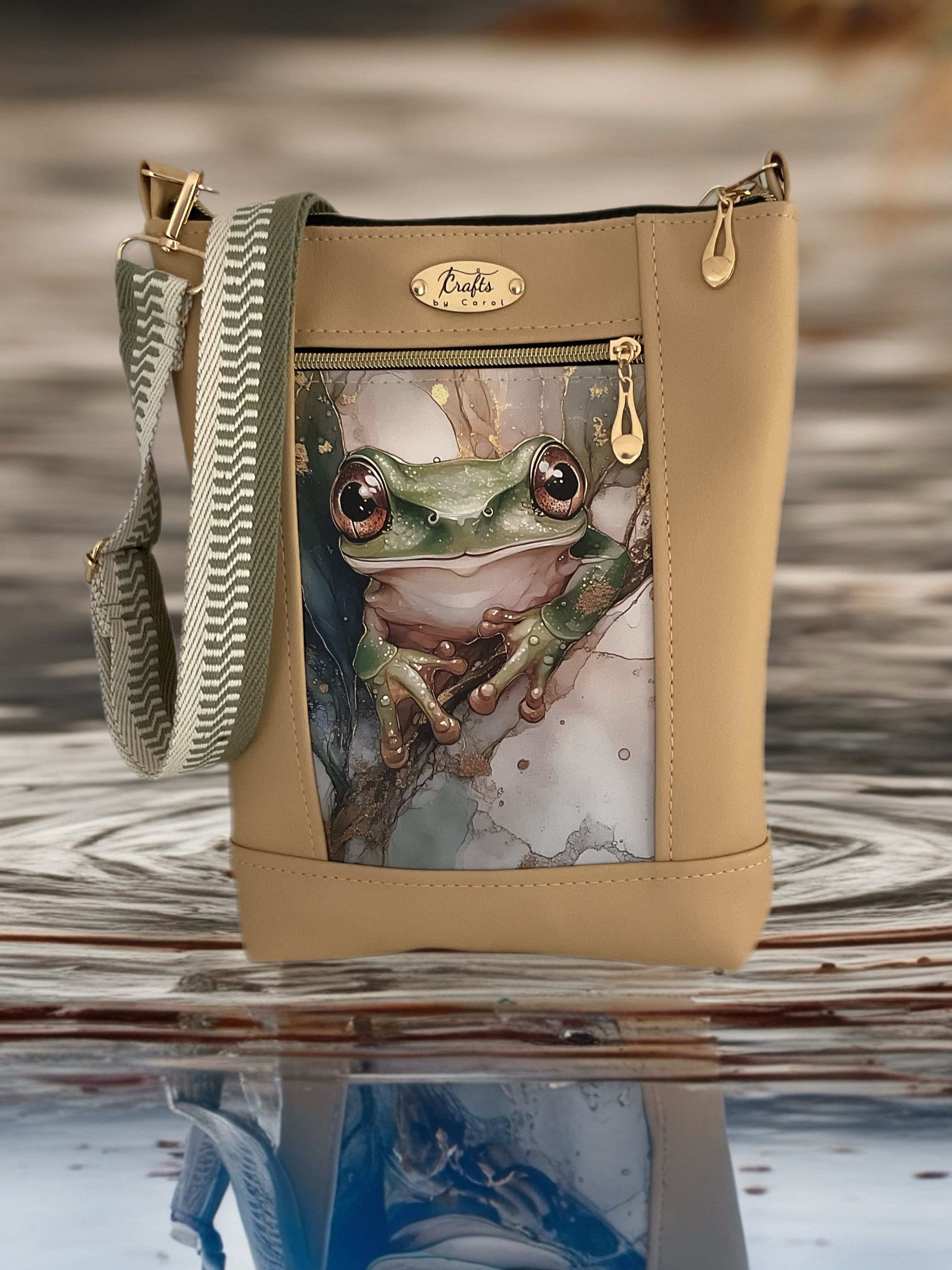 Medium size over the shoulder bag, tan with frog print
