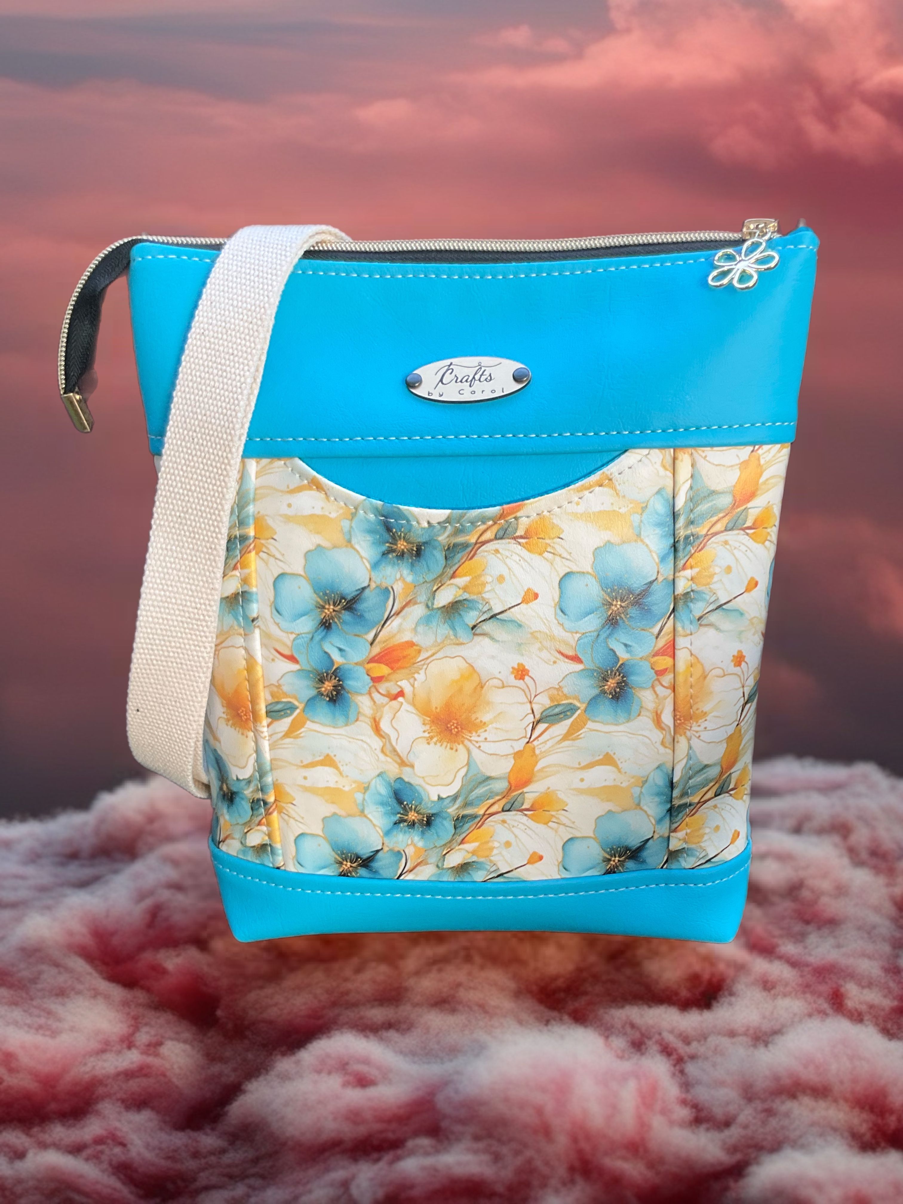 Blue bag, floral print.