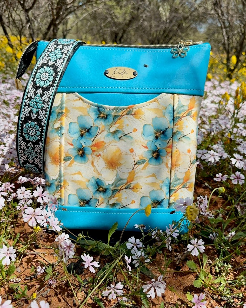 Blue bag, floral print.