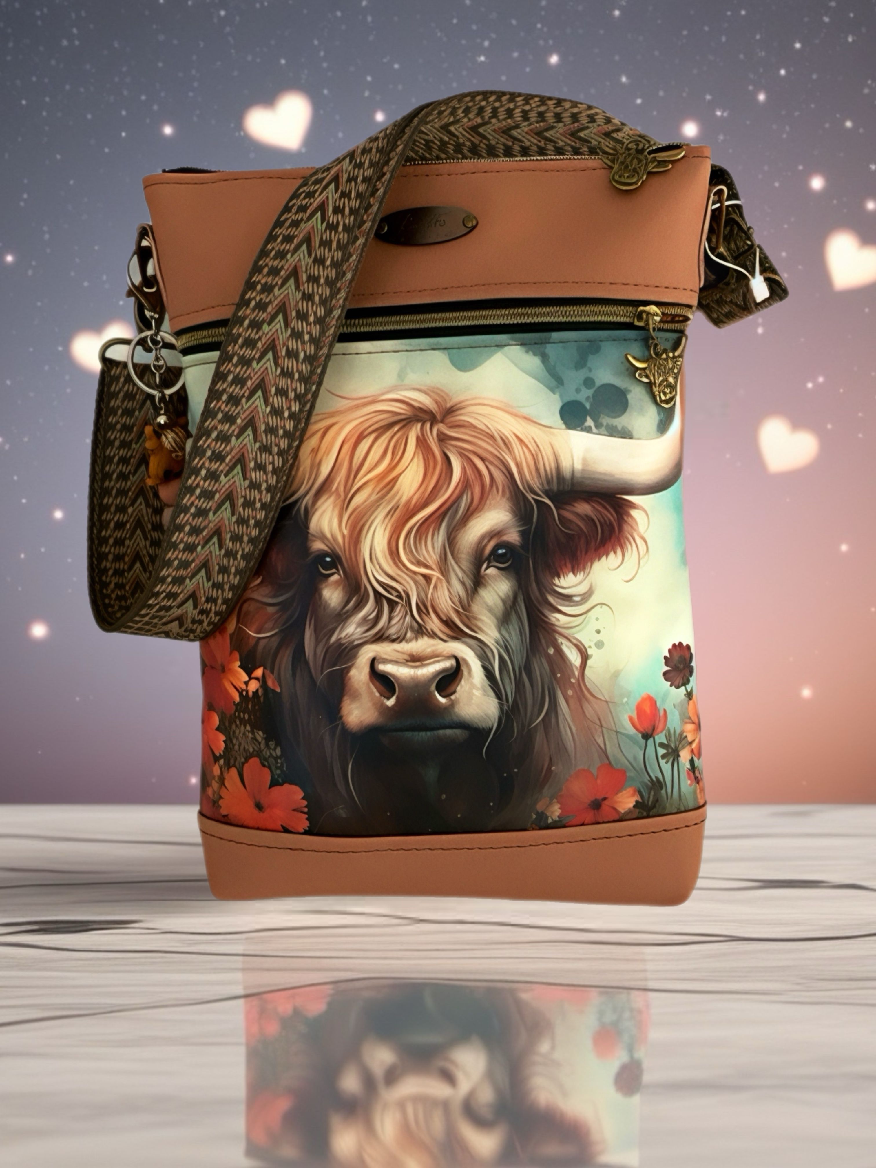 Brown shoulder bag with highland cow print