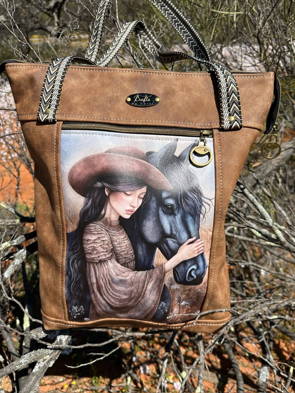 Brown bag, girl and horse print