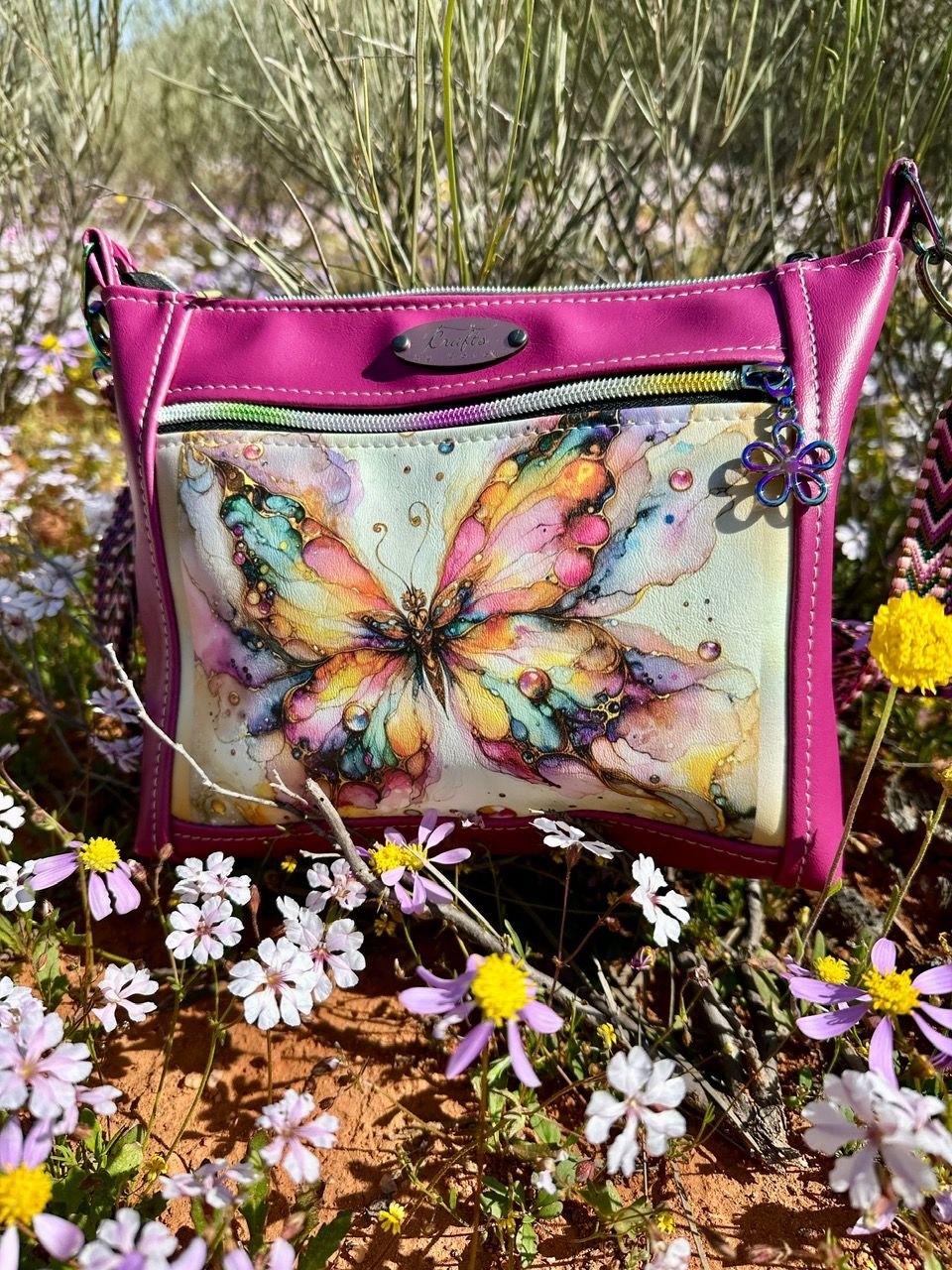 Purple bag with butterfly print