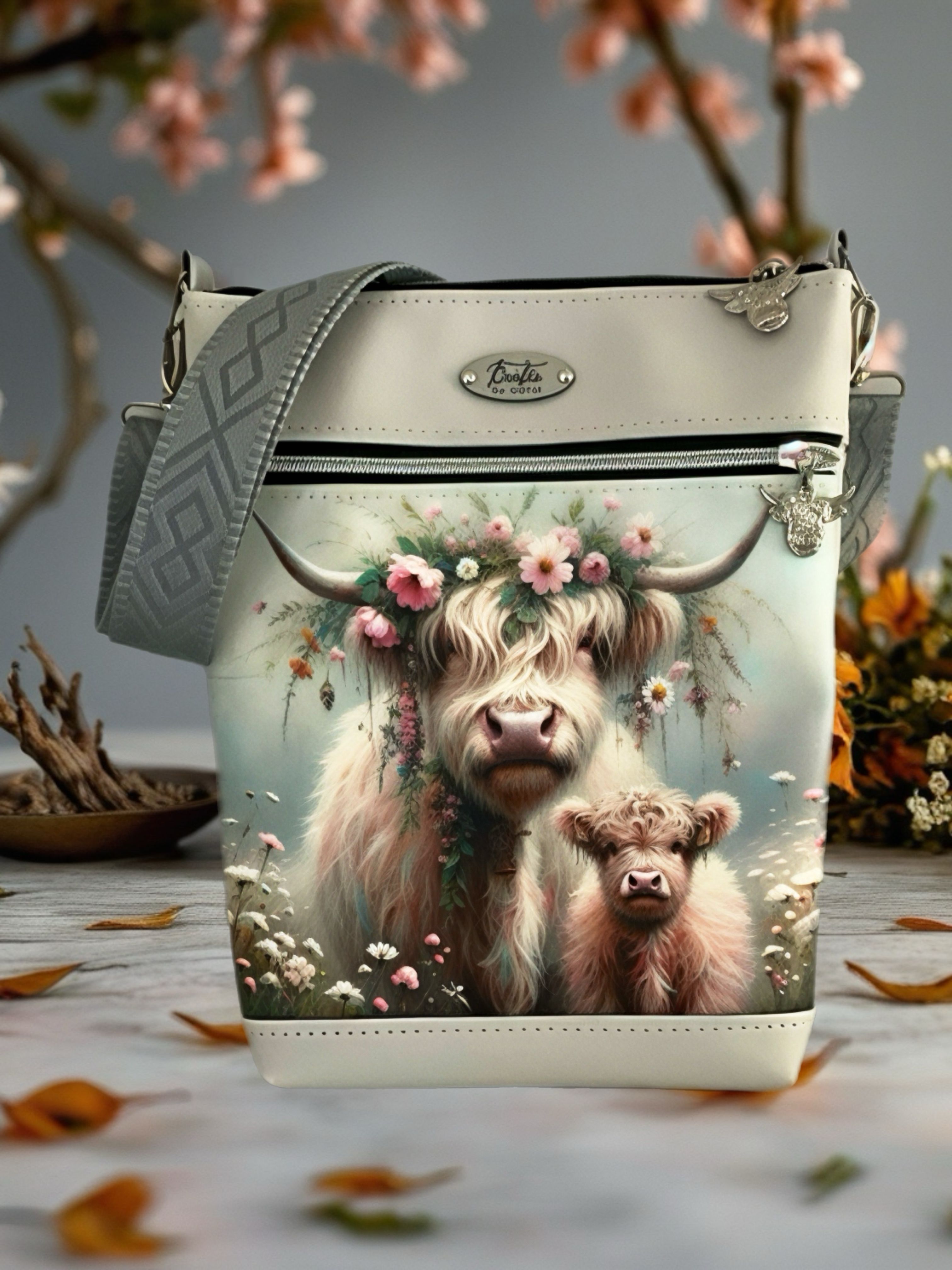 Shoulder bag with highland cow and calf print