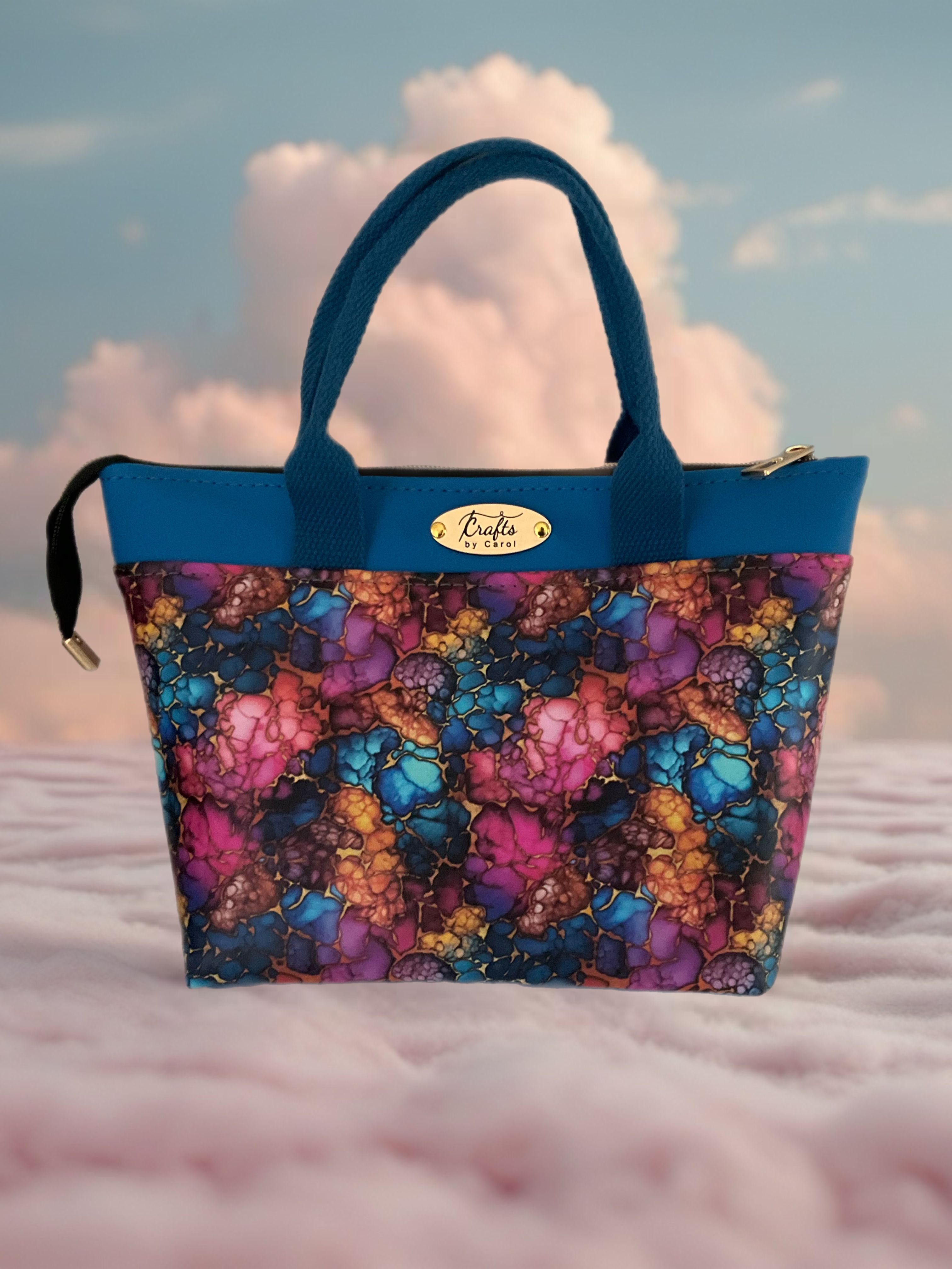 Blue handbag with abstract print 