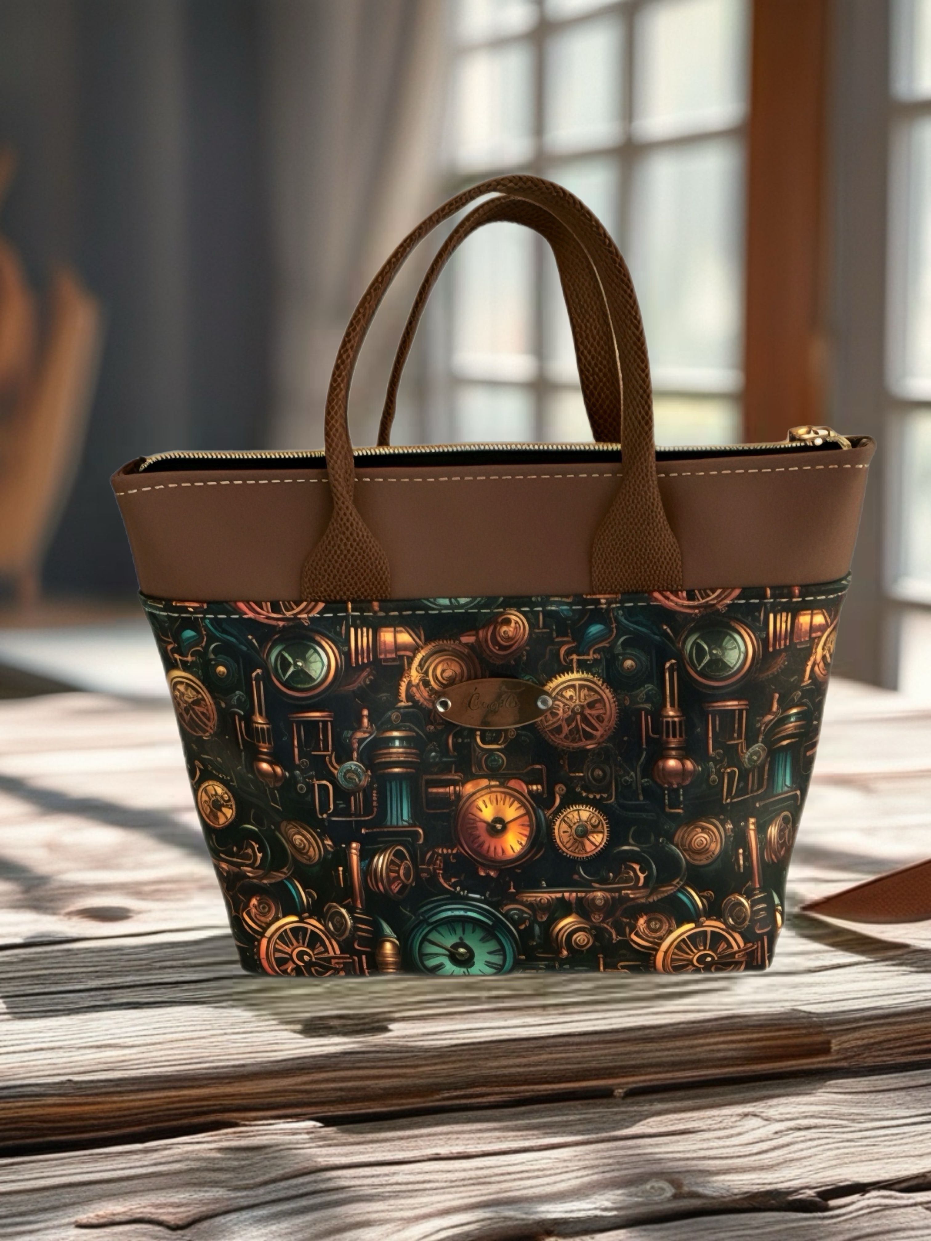 Brown handbag, clock parts print