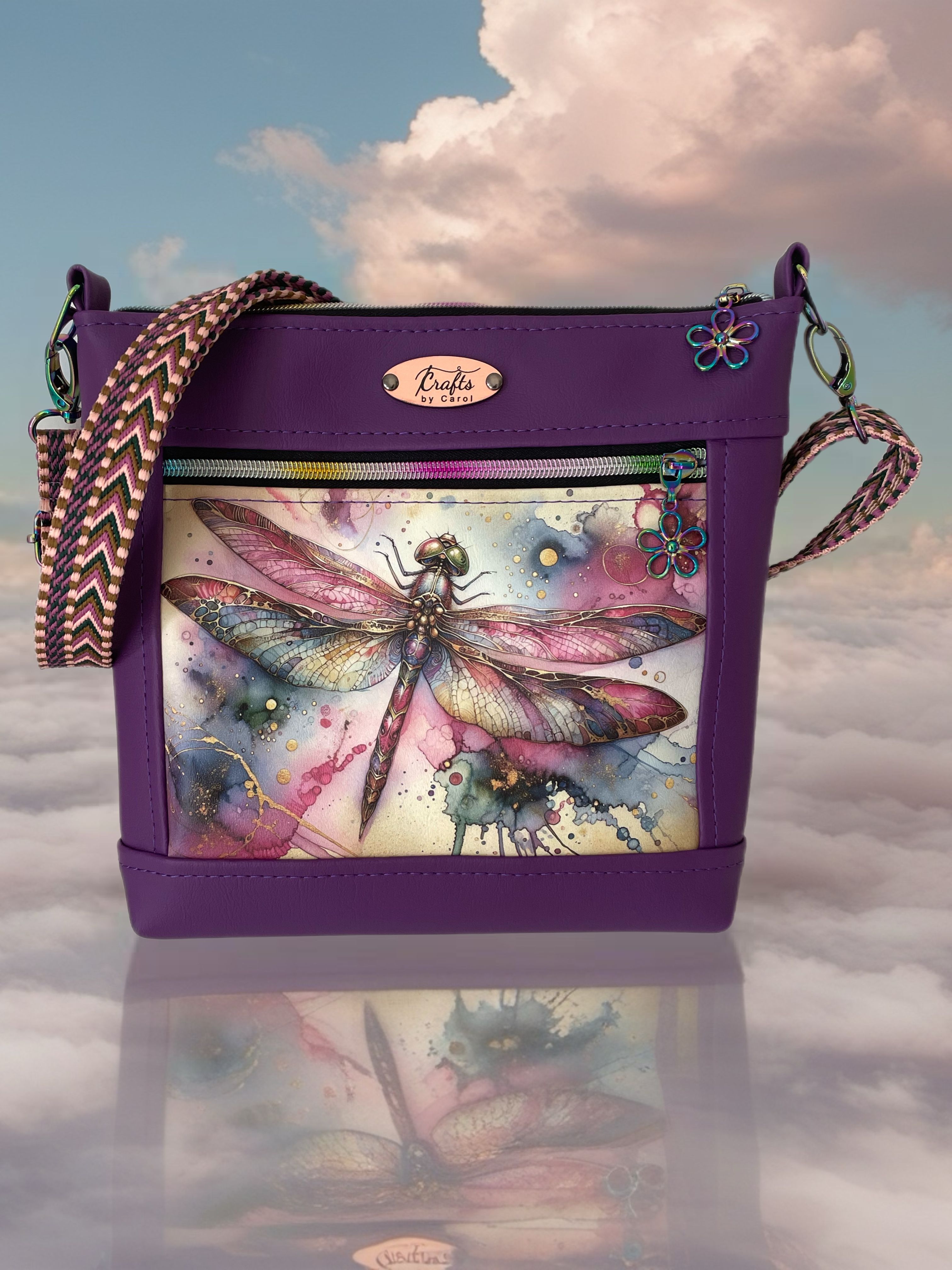 Purple bag with dragonfly print