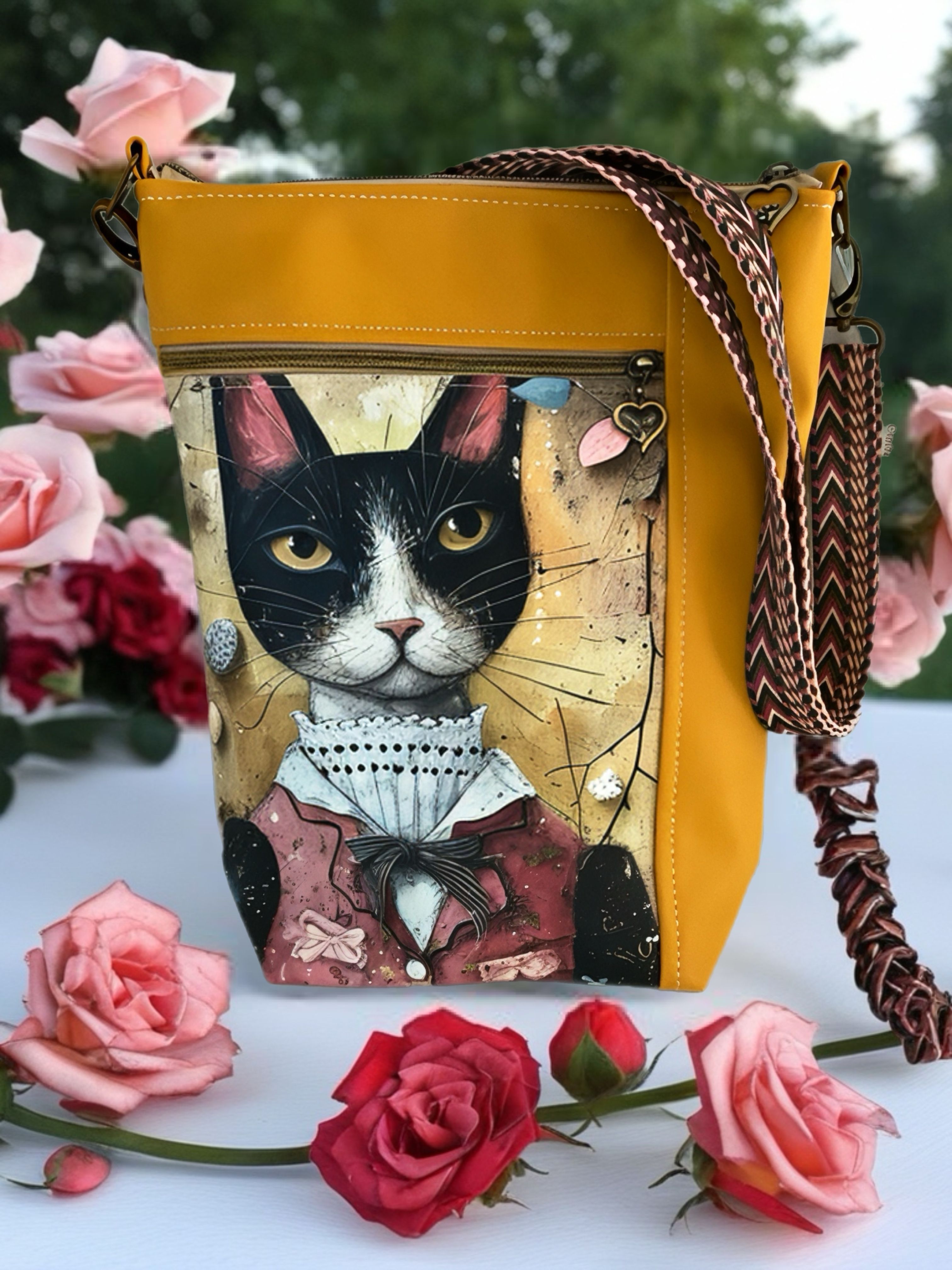 Yellow over shoulder bag with cat print