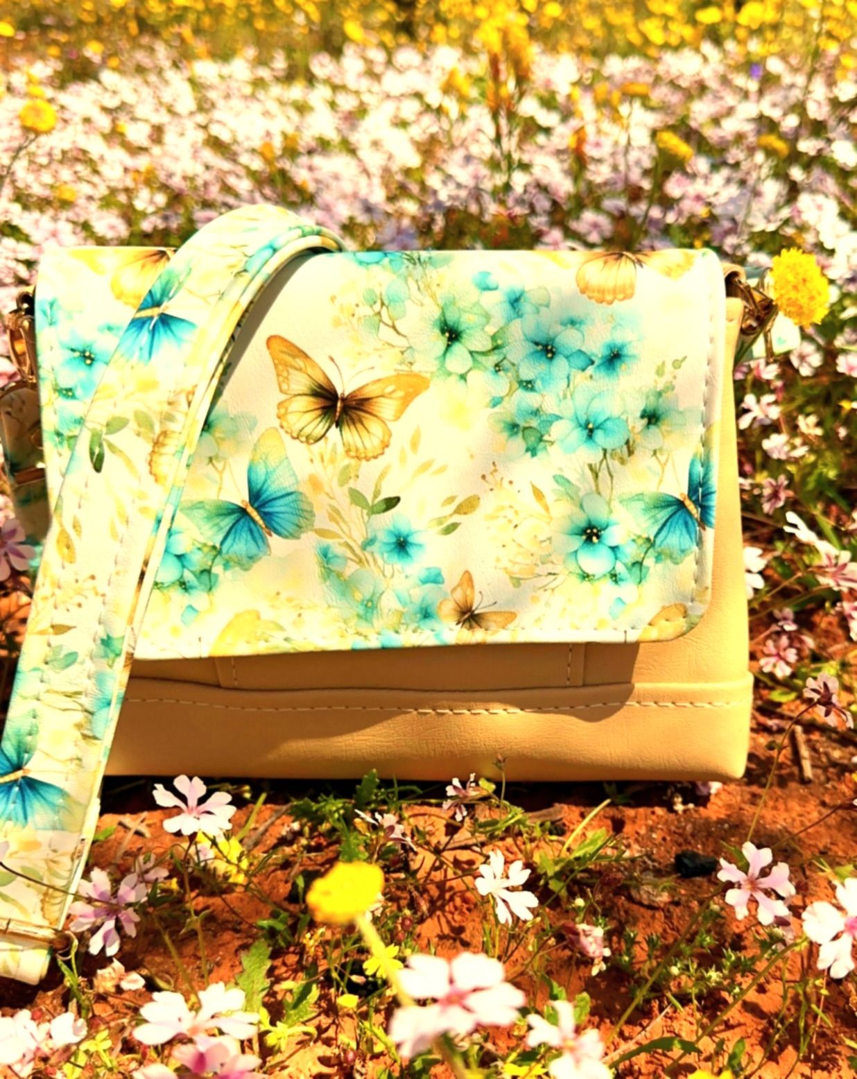 Cream bag, butterfly and flowers print
