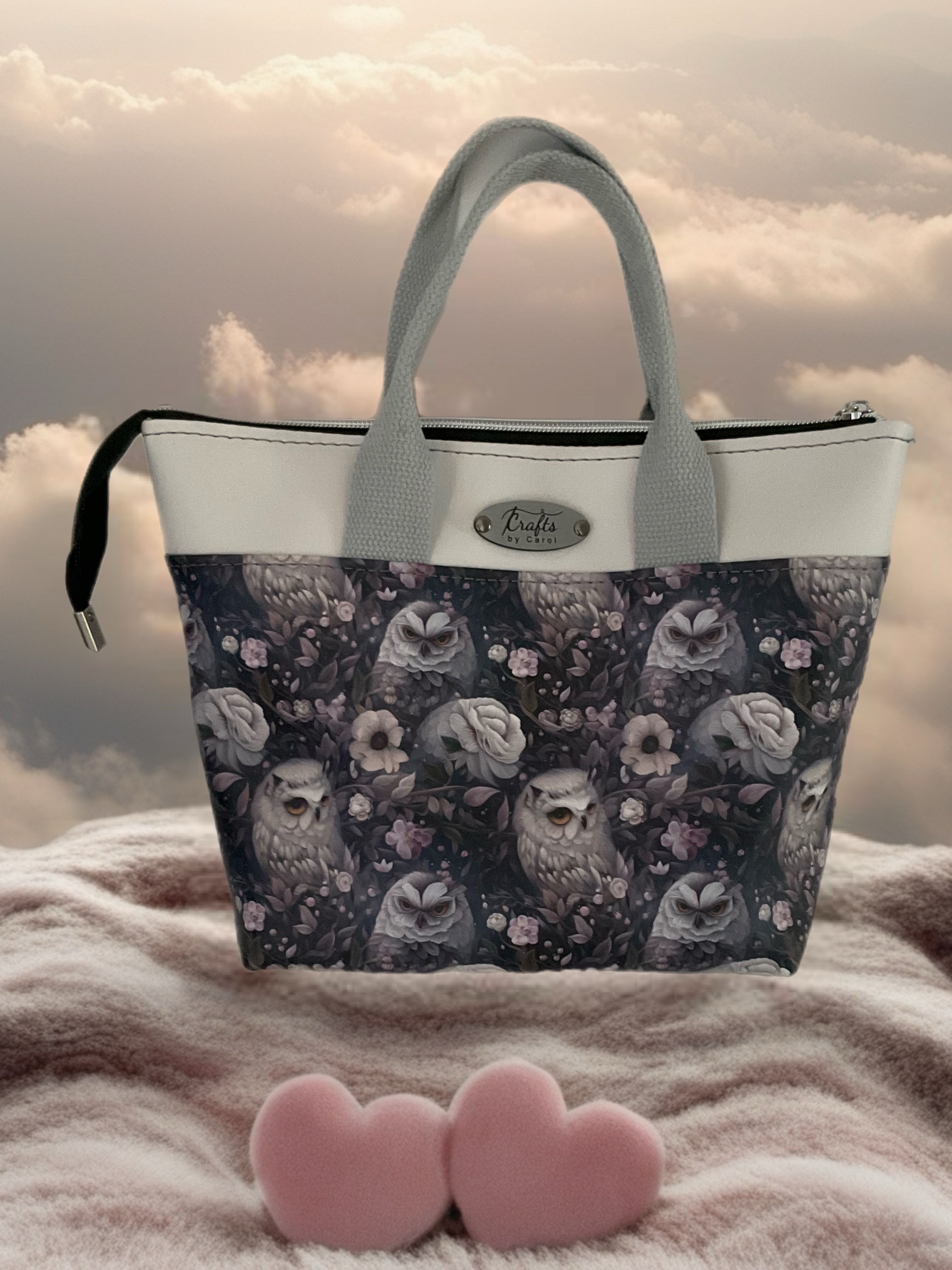 Owl and flower print on grey handbag