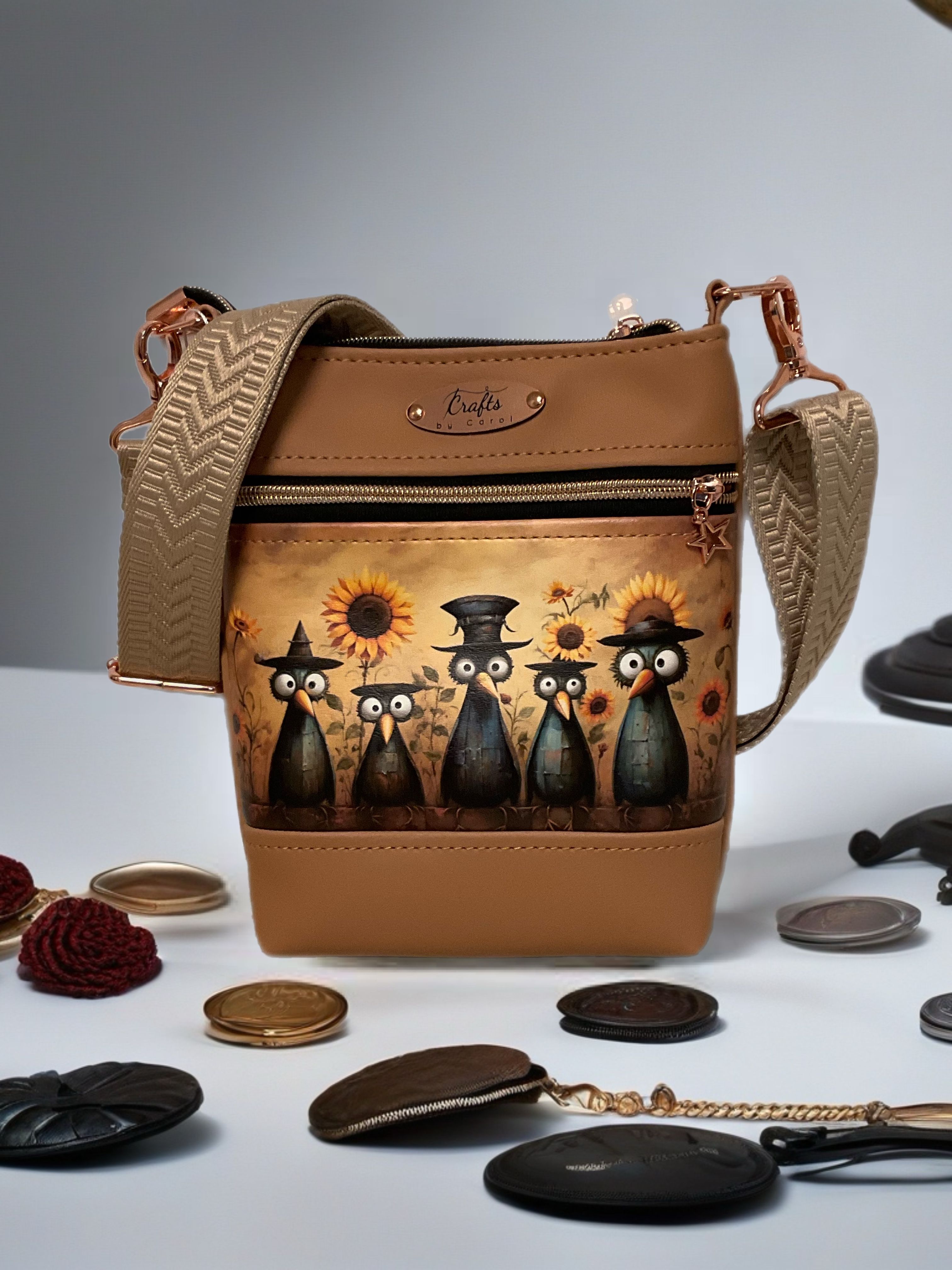 Brown bag with quirky birds print 