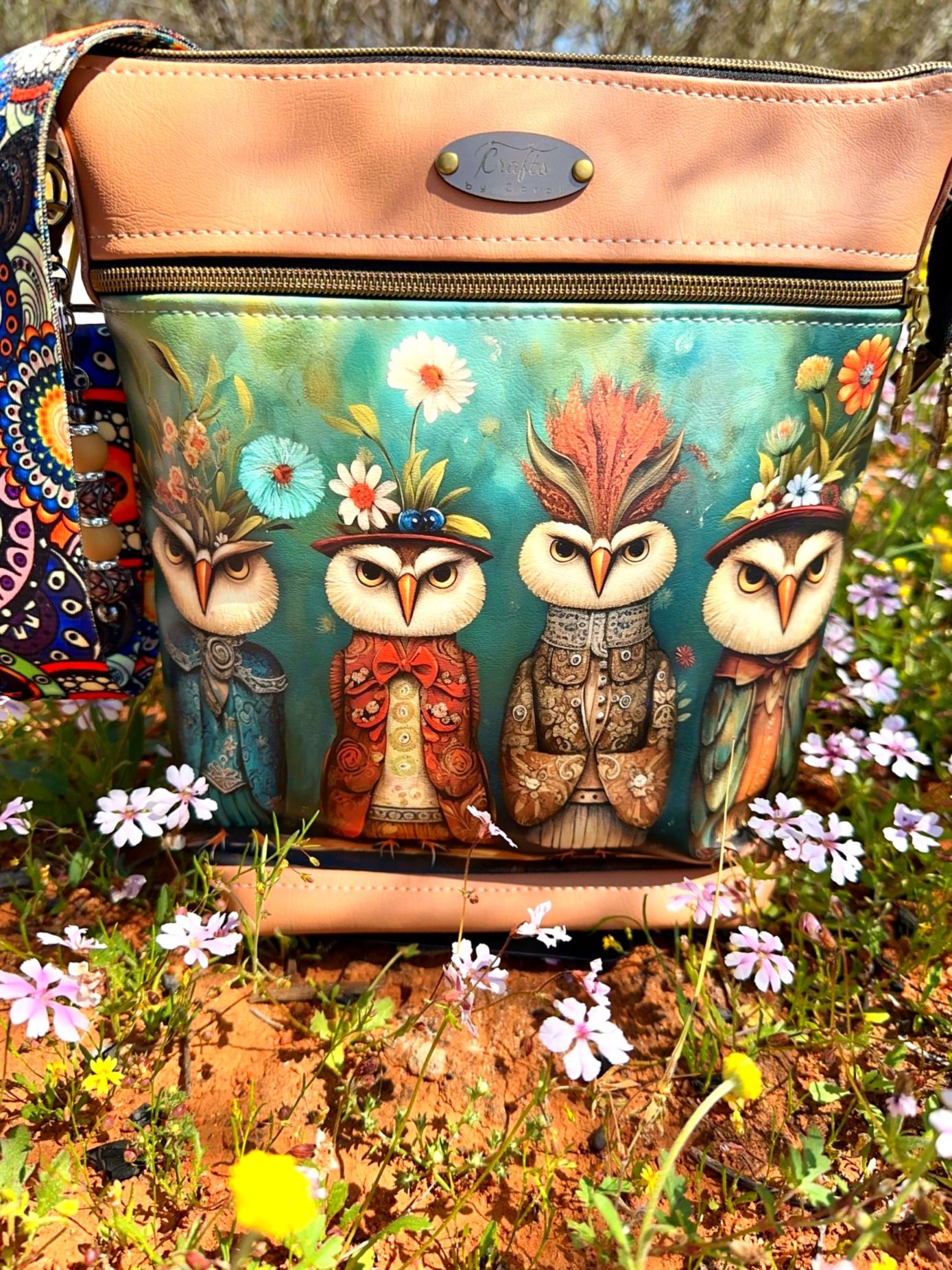 Brown bag with distinctive owl print