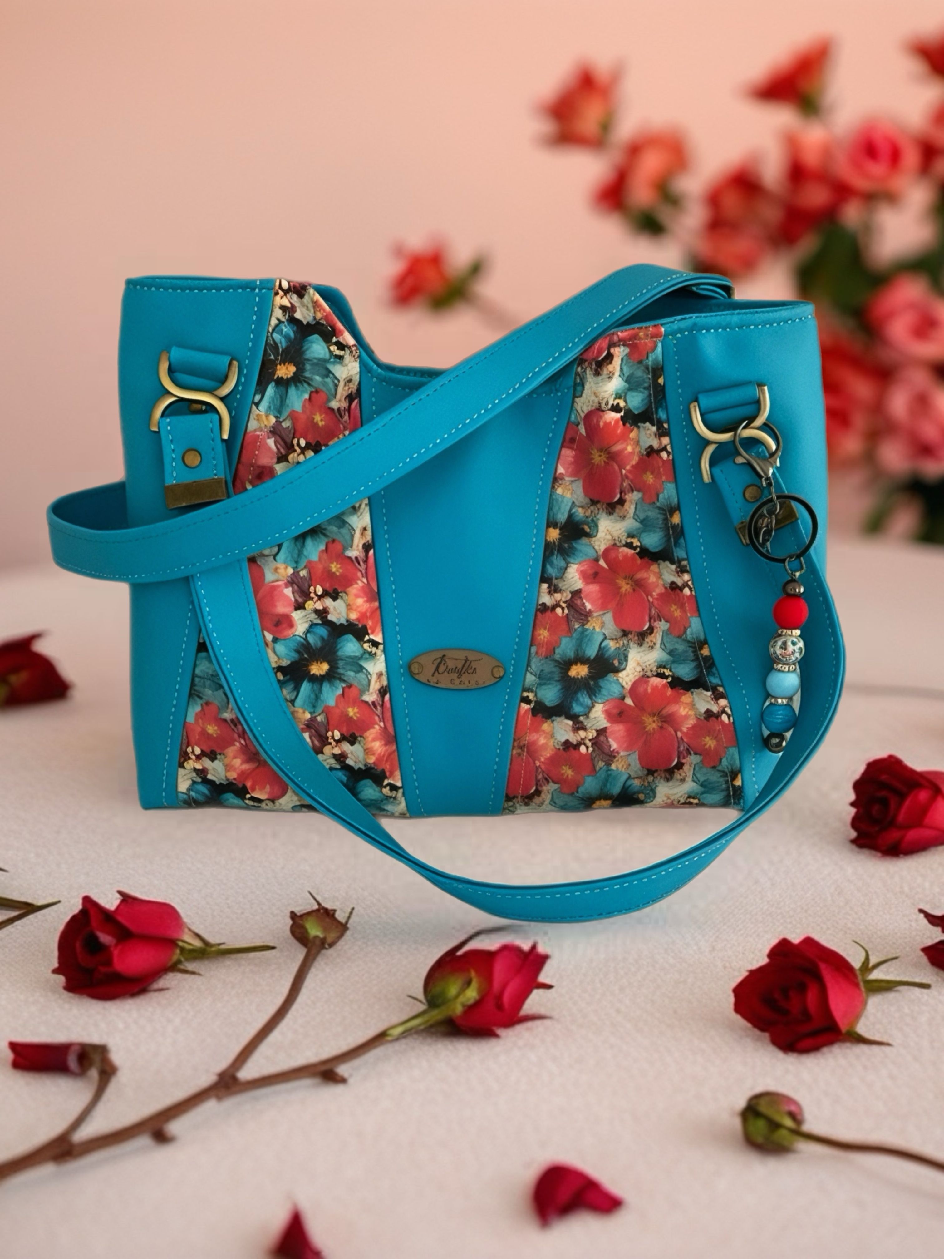 Large Blue bag, red and blue flowers print