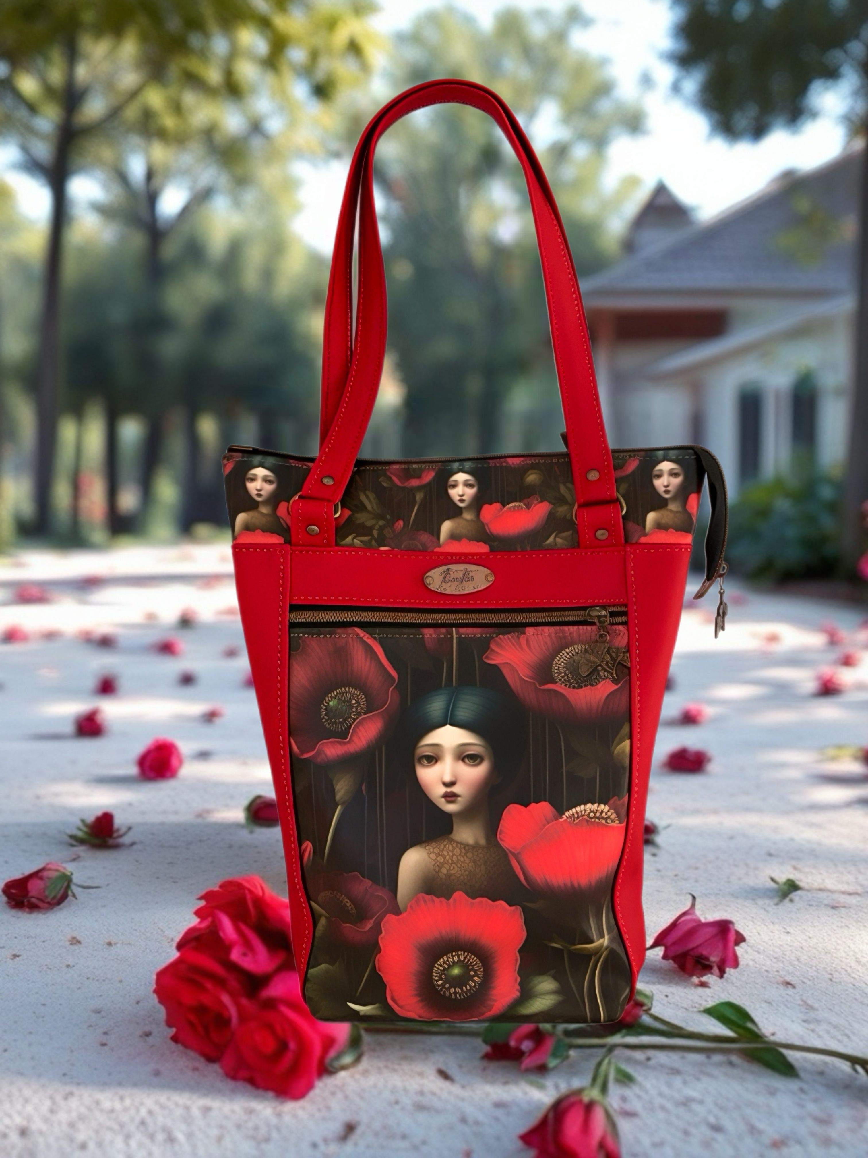 Red bag, girl and poppies print