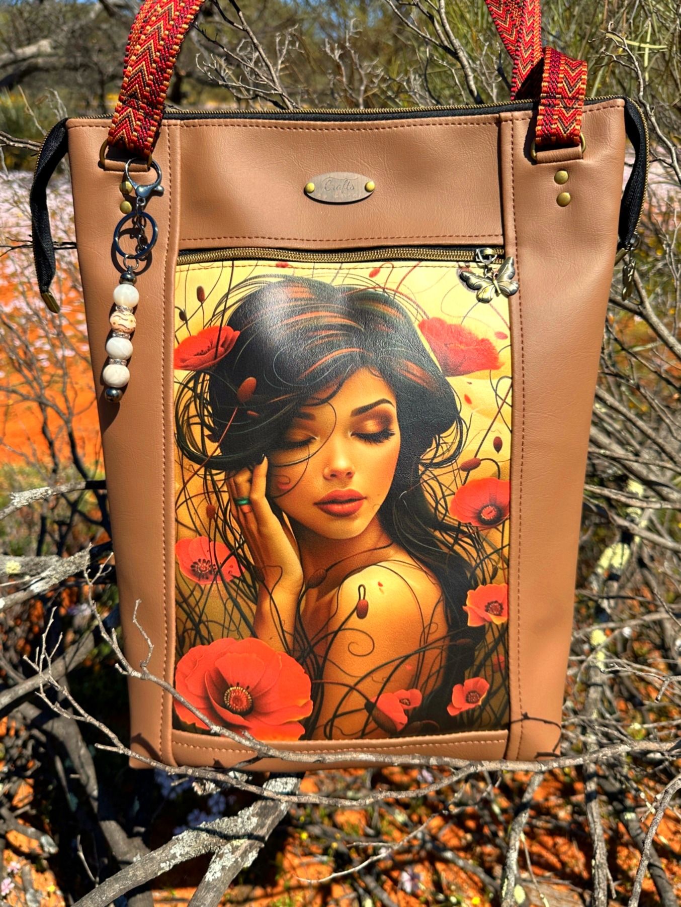 Brown bag with girl and poppies print
