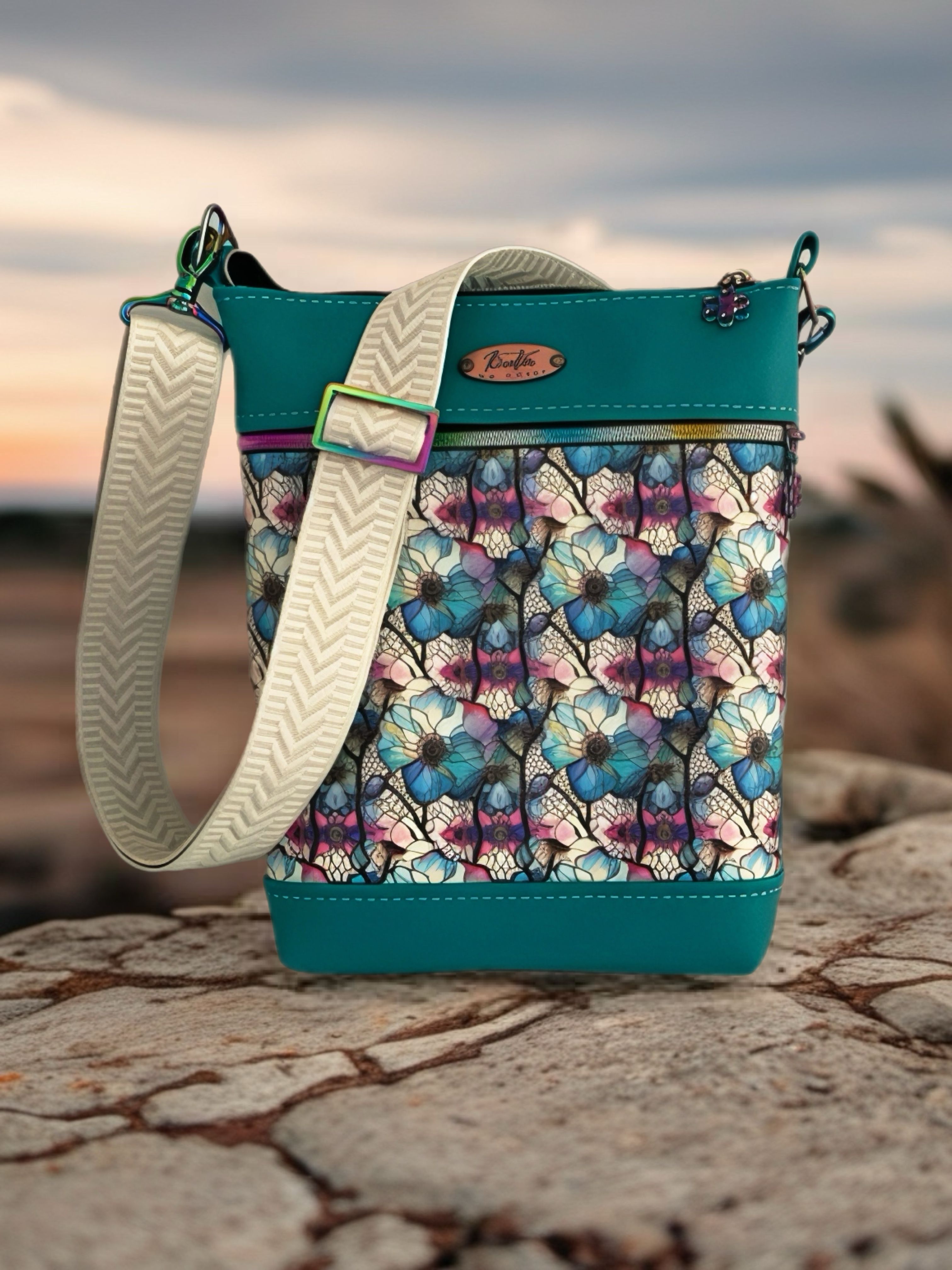 Cyan shoulder bag, pale floral print