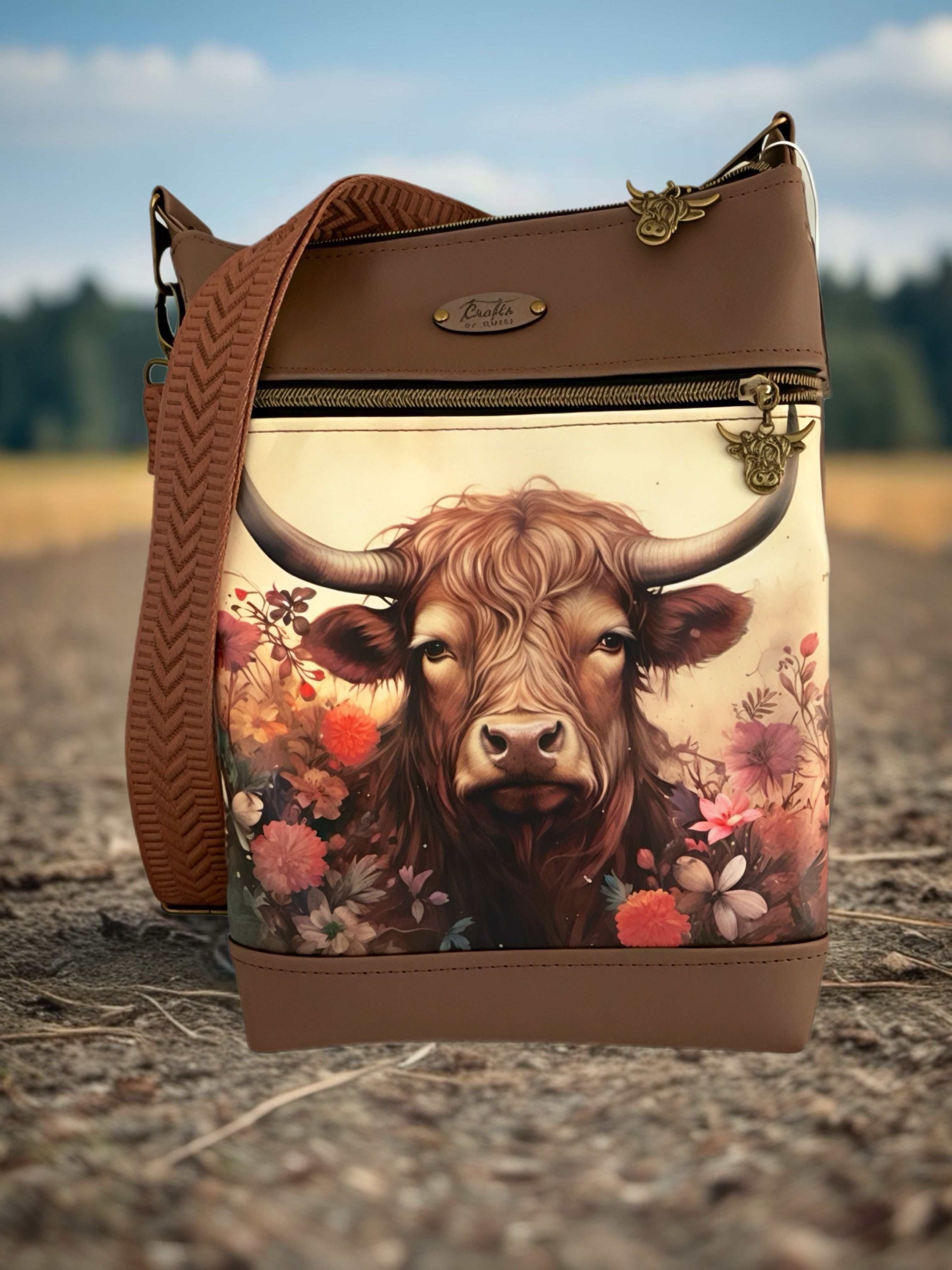 Brown bag with highland cow print.