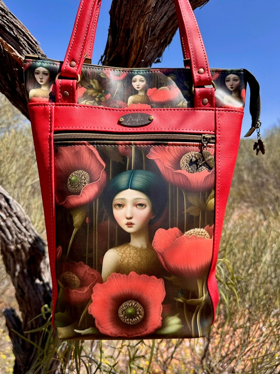 Red bag, girl and poppies print