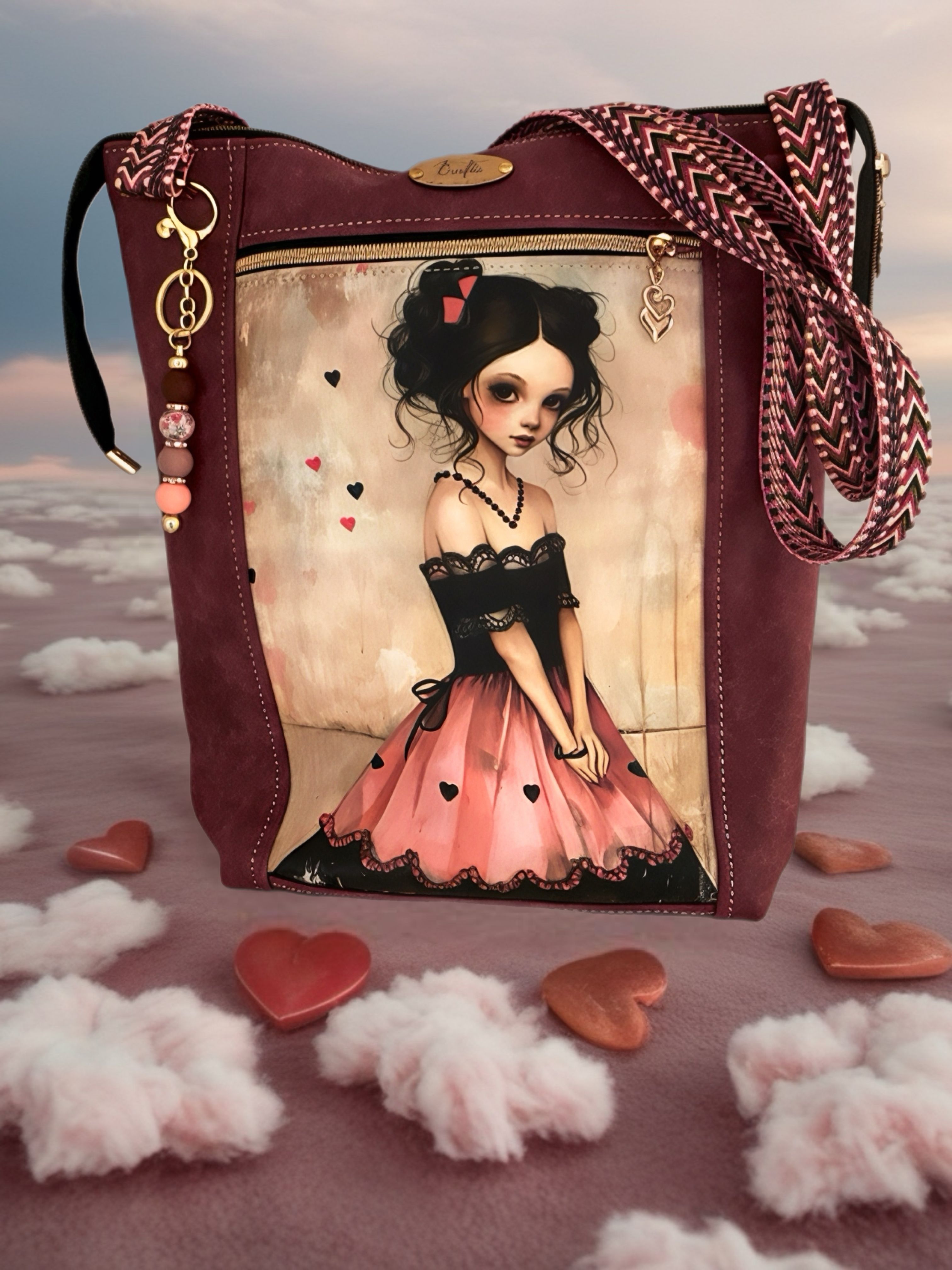 Purple bag with girl in black and pink lace dress