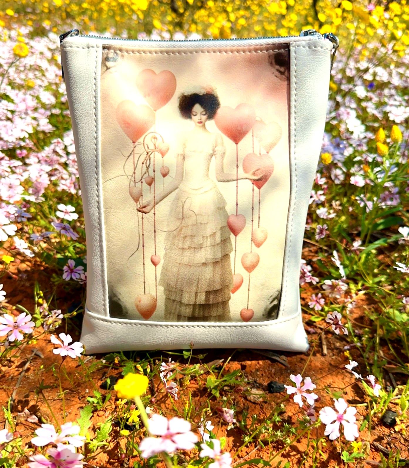 Light grey bag, girl with pink balloons print