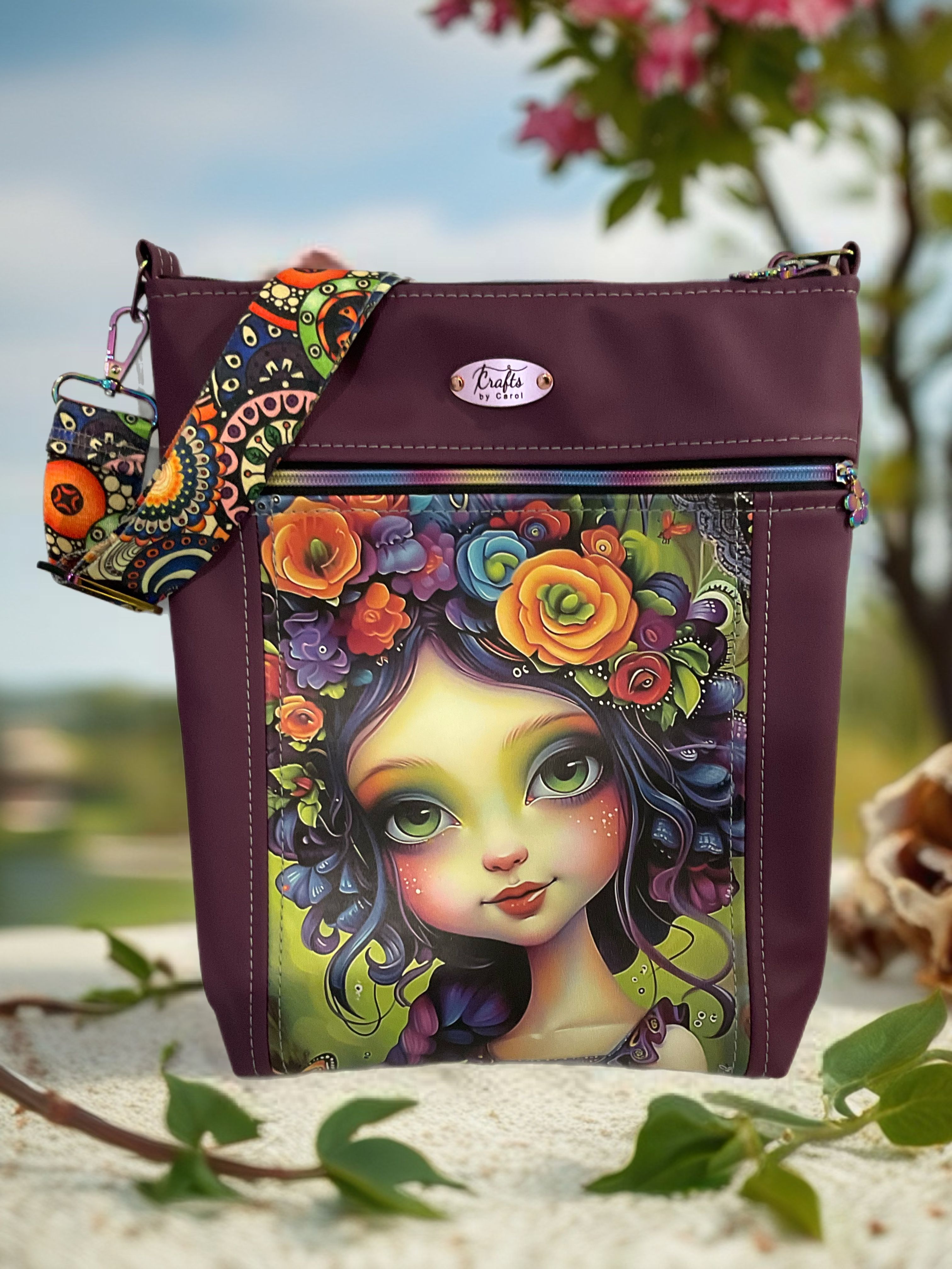 Maroon bag. Colourful girl print