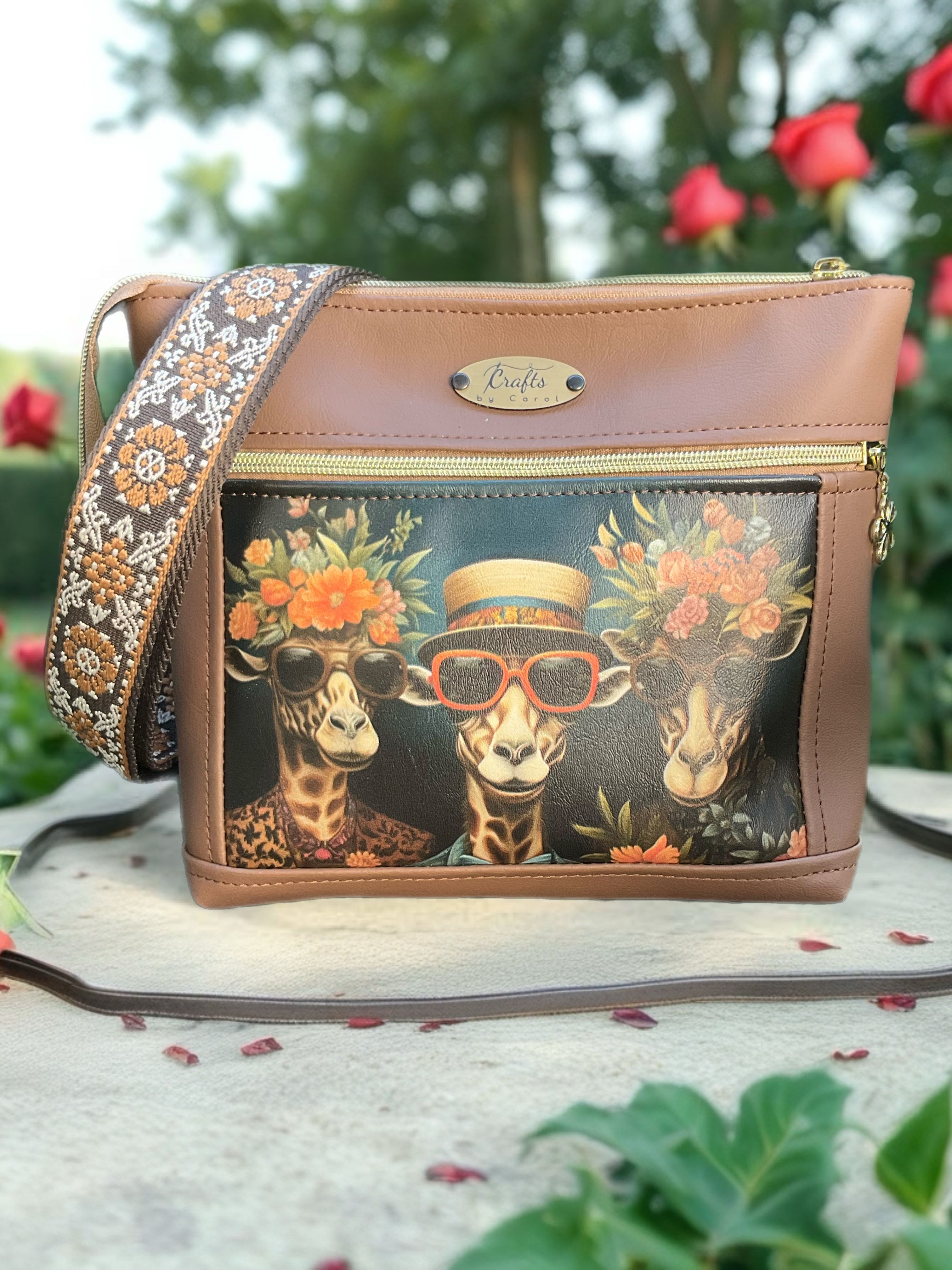 Brown bag with quirky giraffes print 