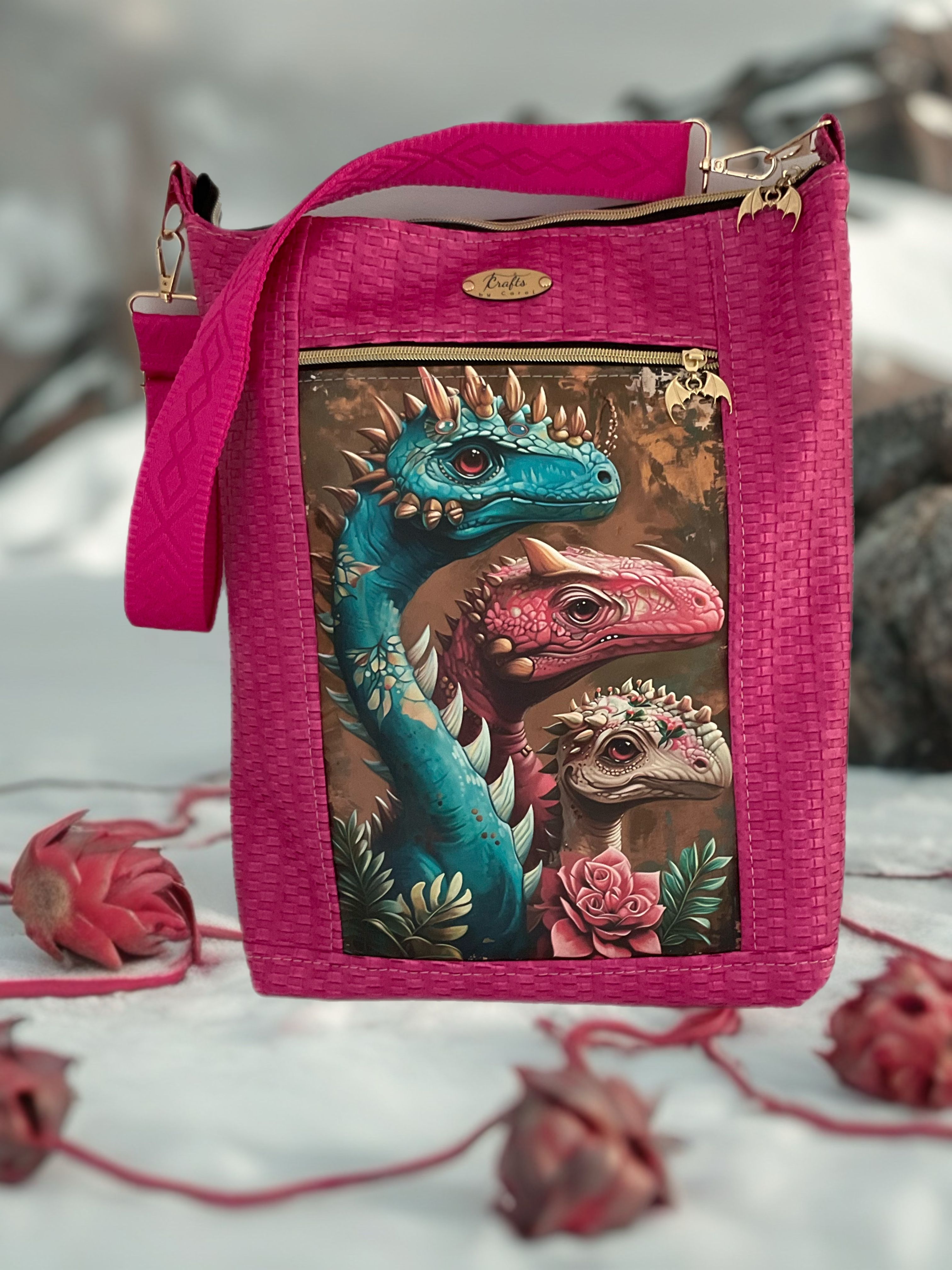 Red bag with colourful dragons print