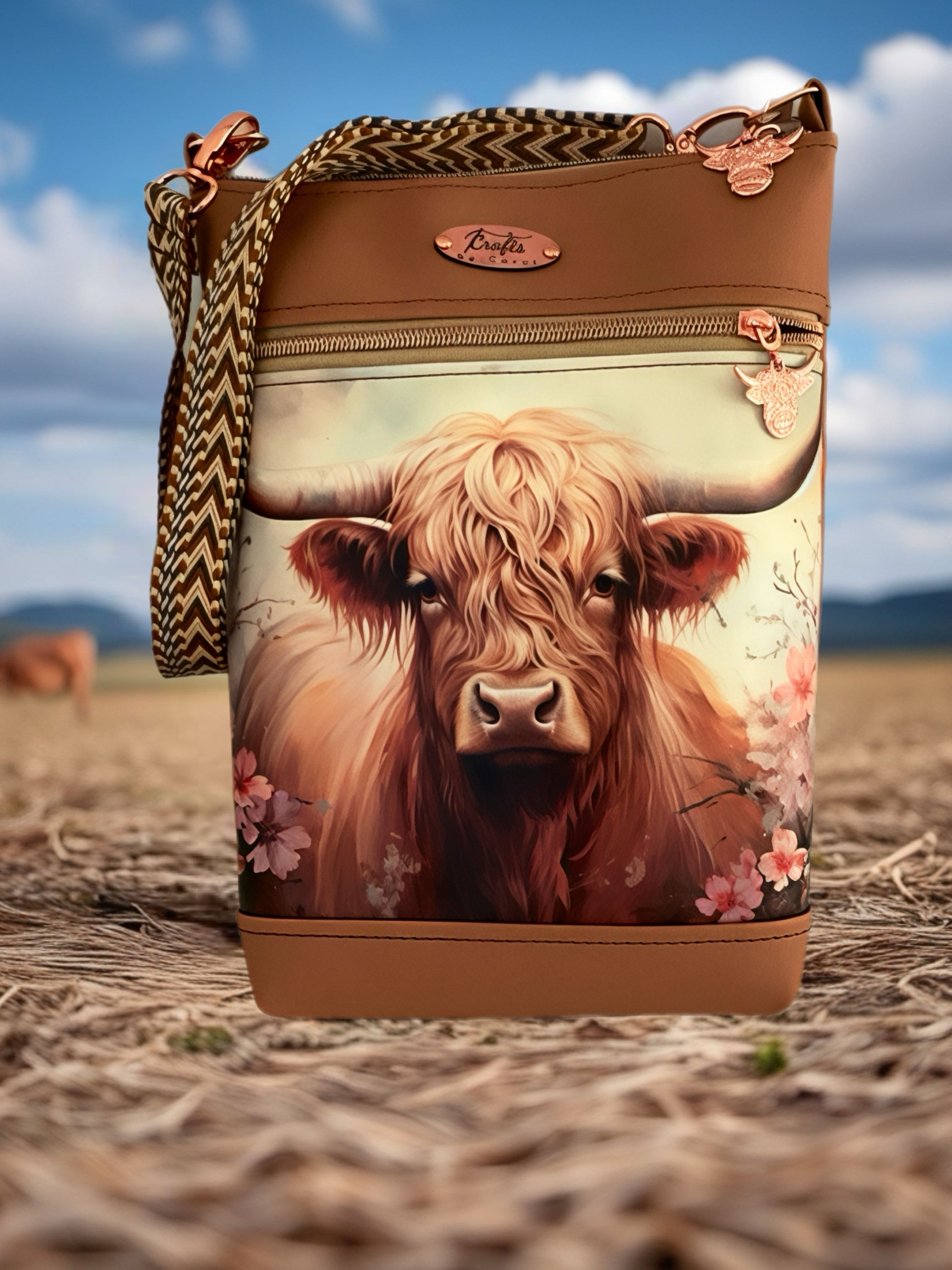 Tan shoulder bag with Highland Cow print