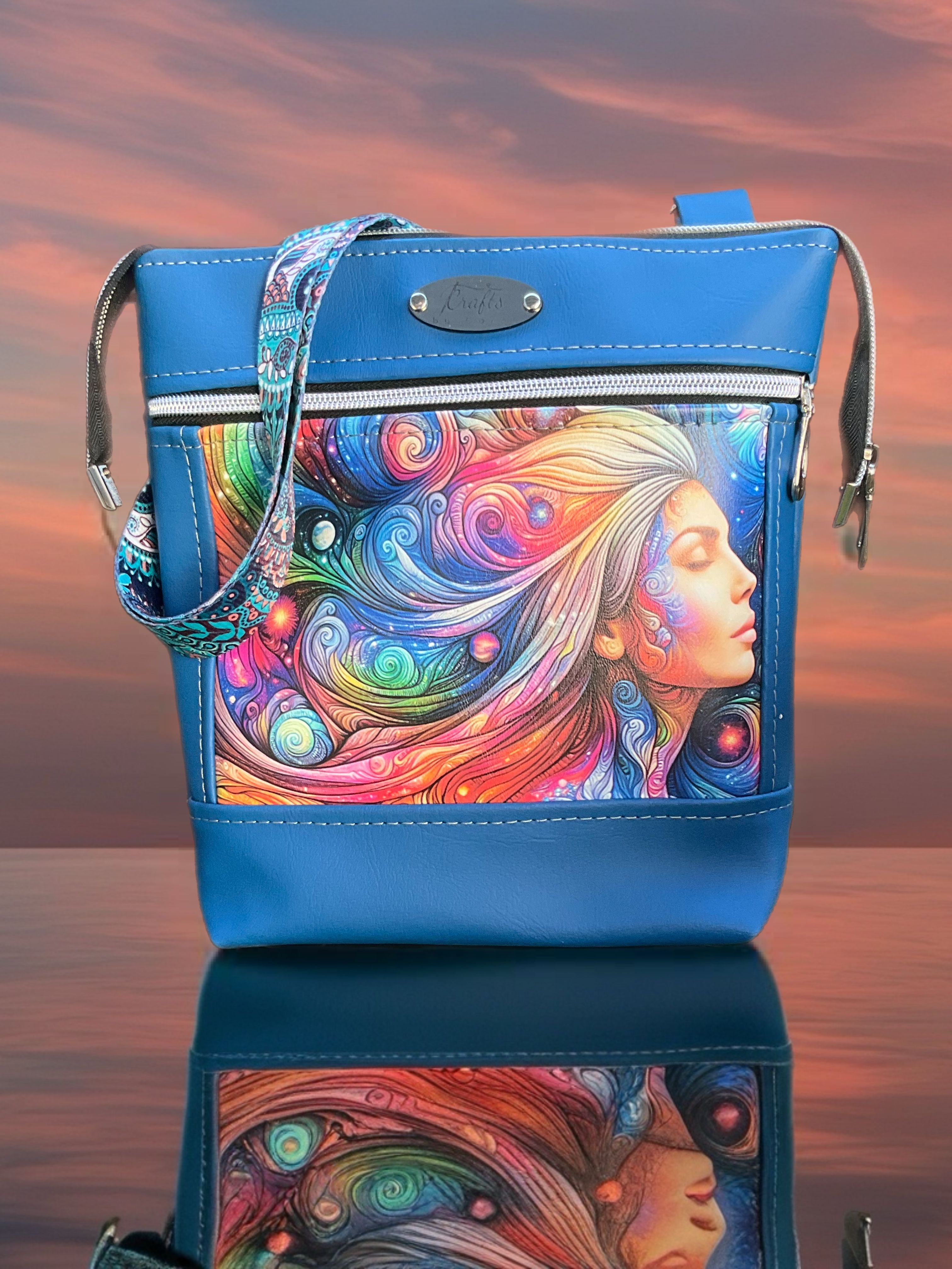 Blue shoulder bag, colourful girl print
