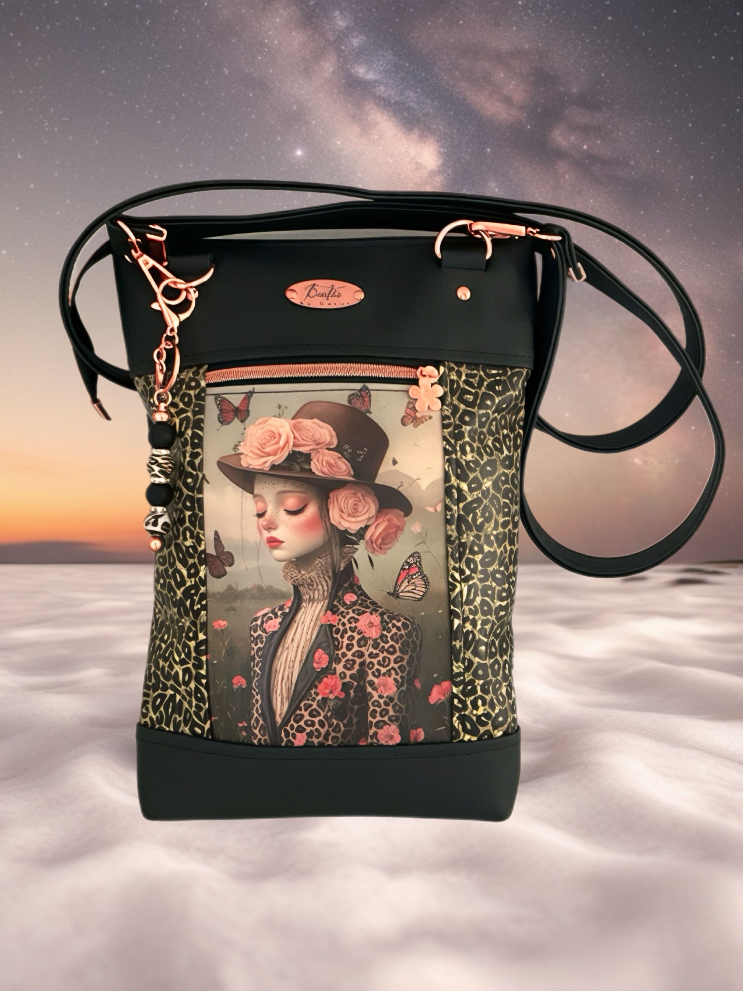 Black bag, leopard pattern and girl with  butterflies print