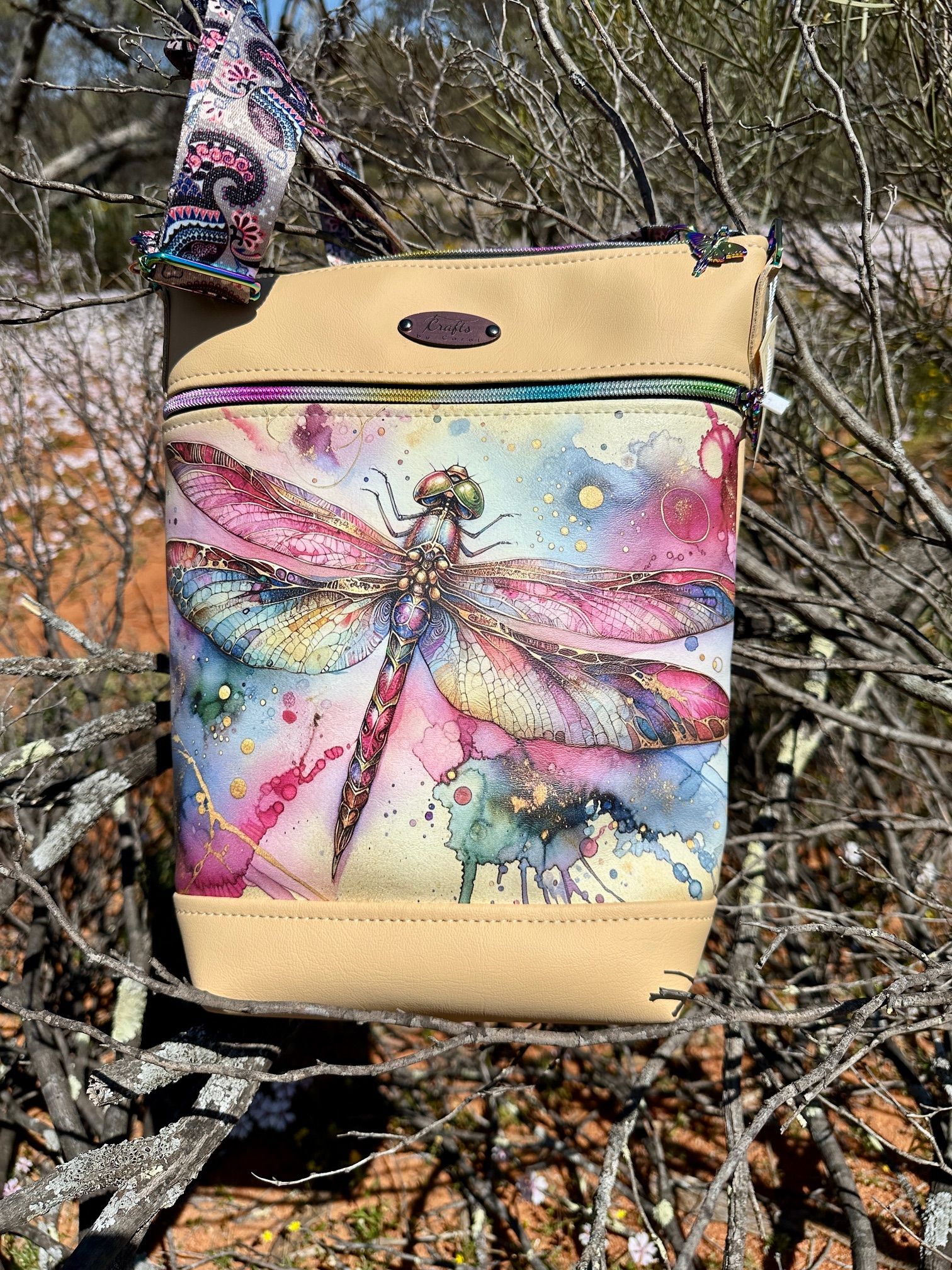 Beige bag with dragonfly print