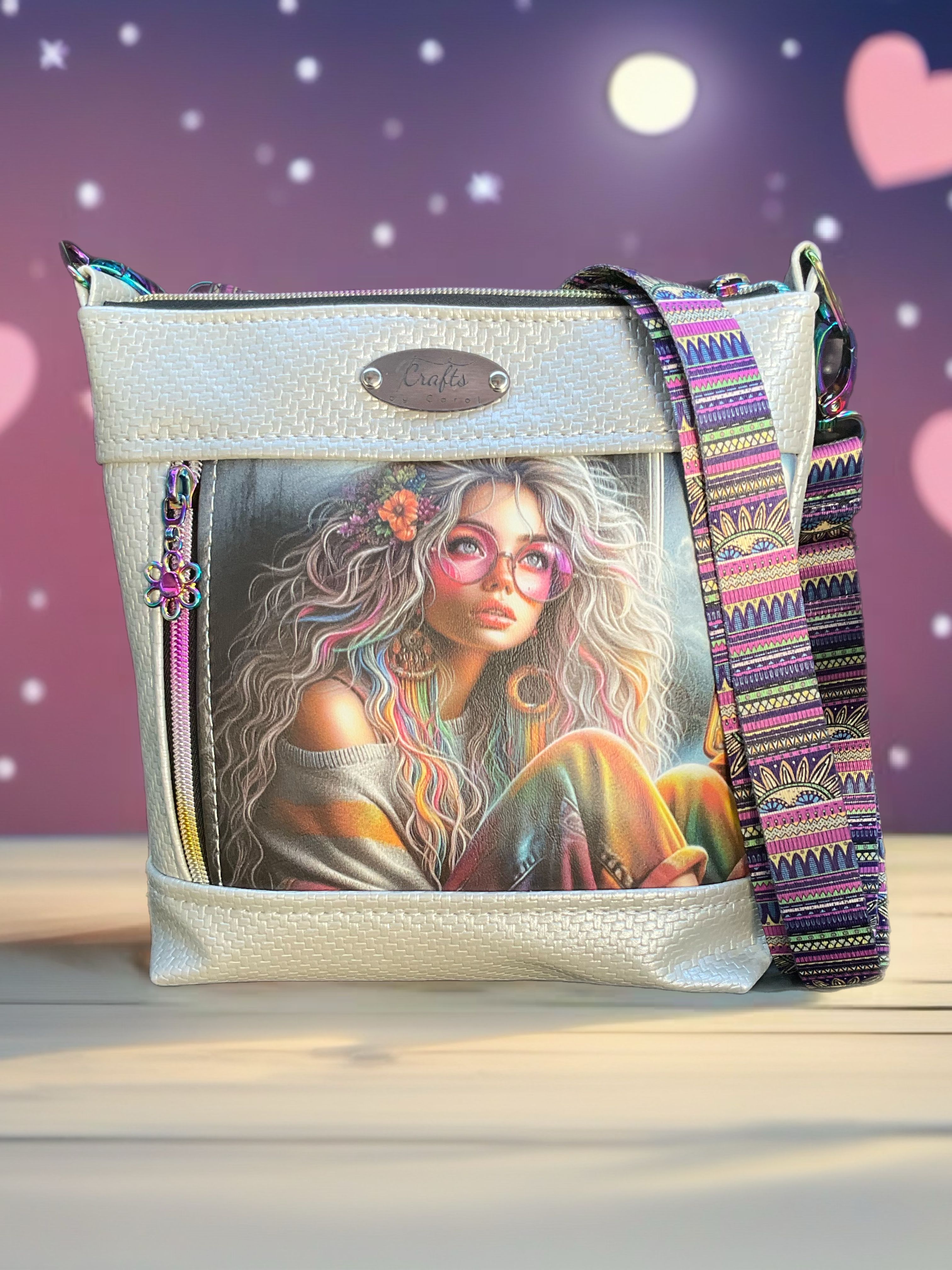 Silver bag, colourful girl print