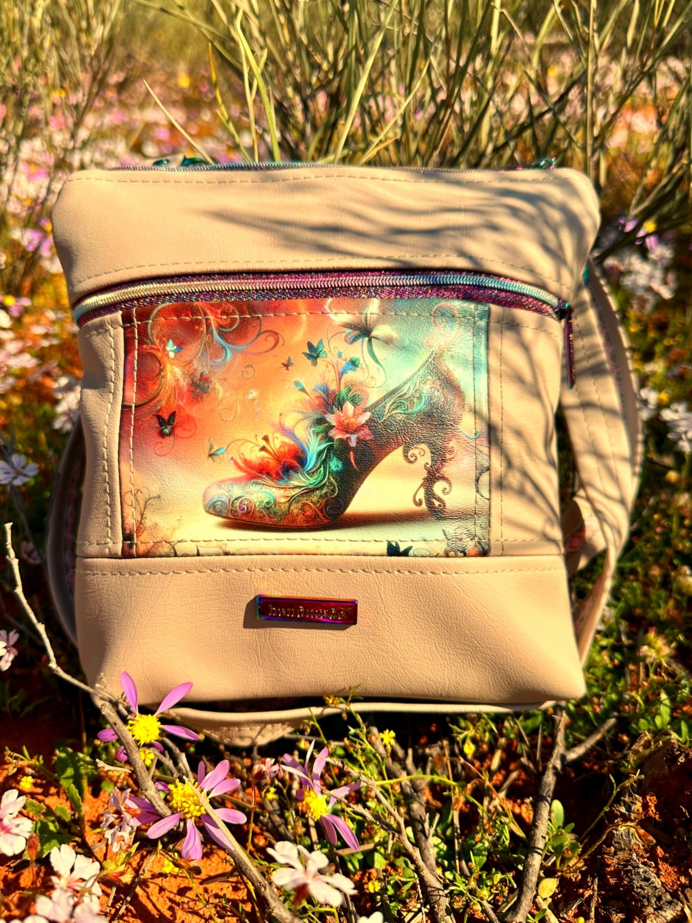 Tan bag with shoe print