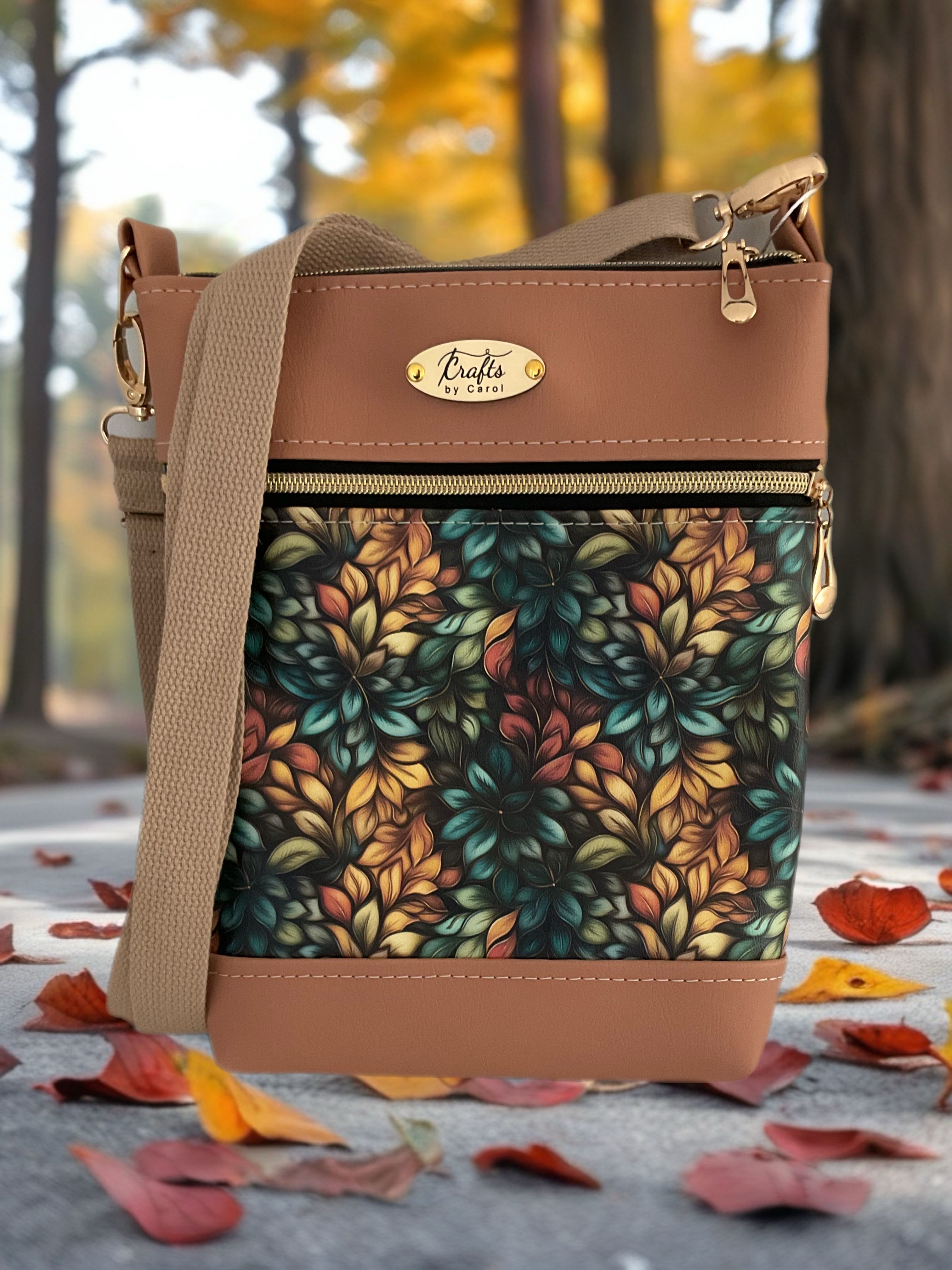 Brown bag with dark leafy print