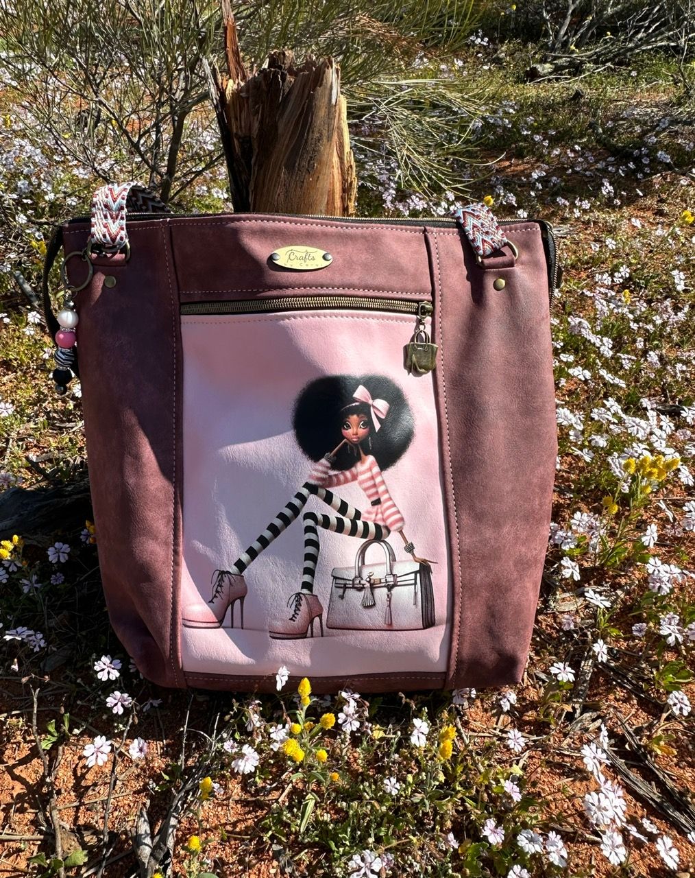 Purple bag, quirky girl print