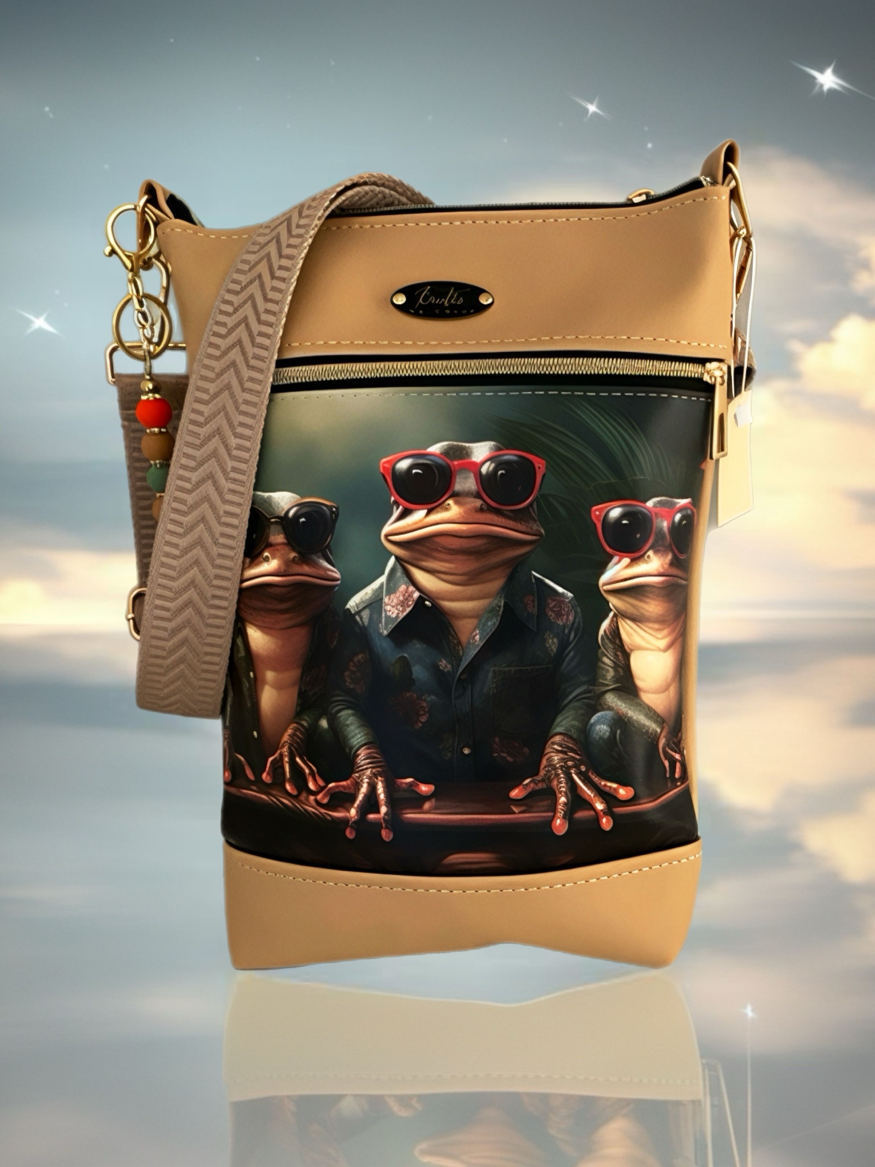 Brown bag with distinctive frogs print