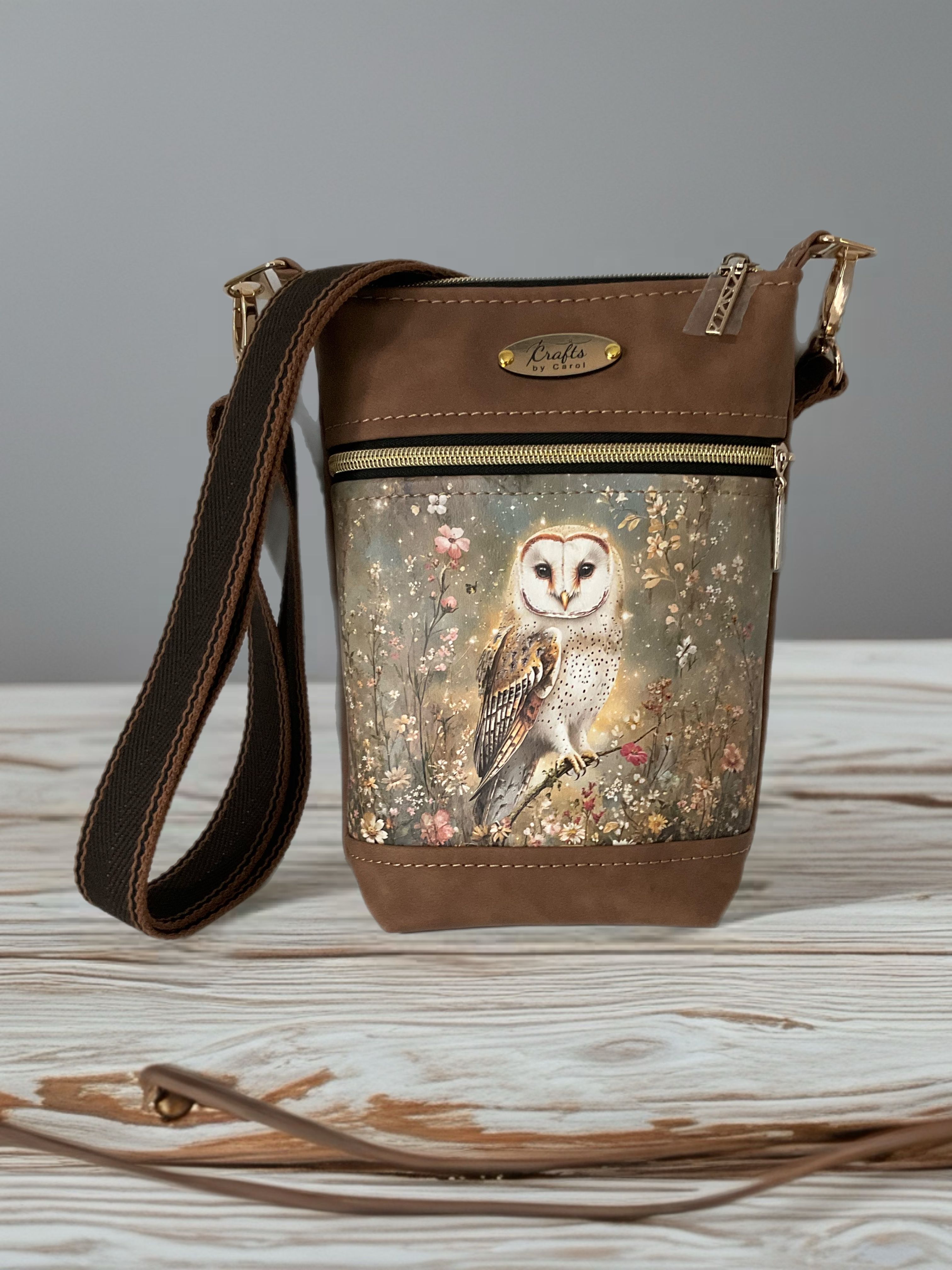 Brown bag, owl picture.