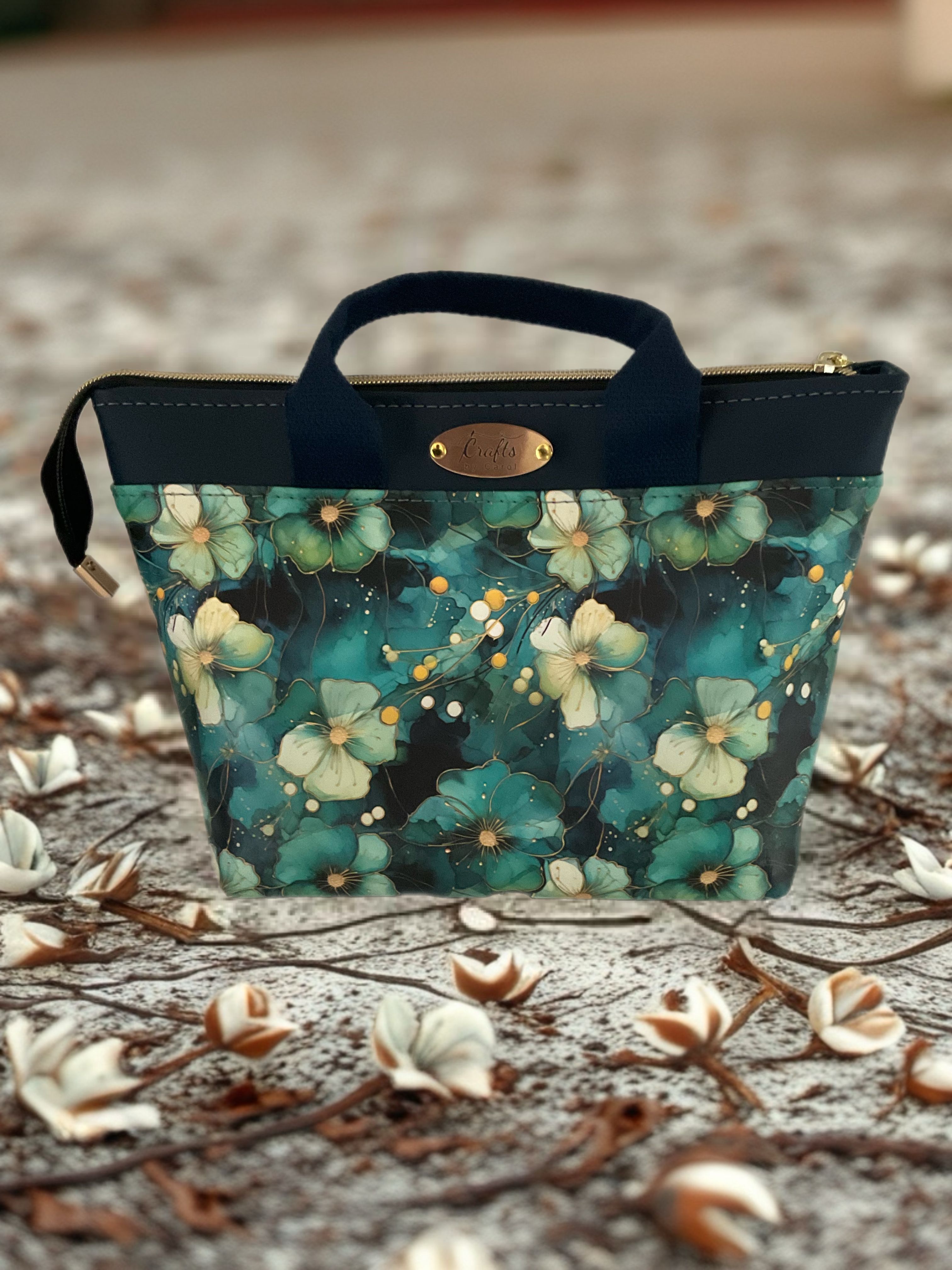 Black handbag with floral print 