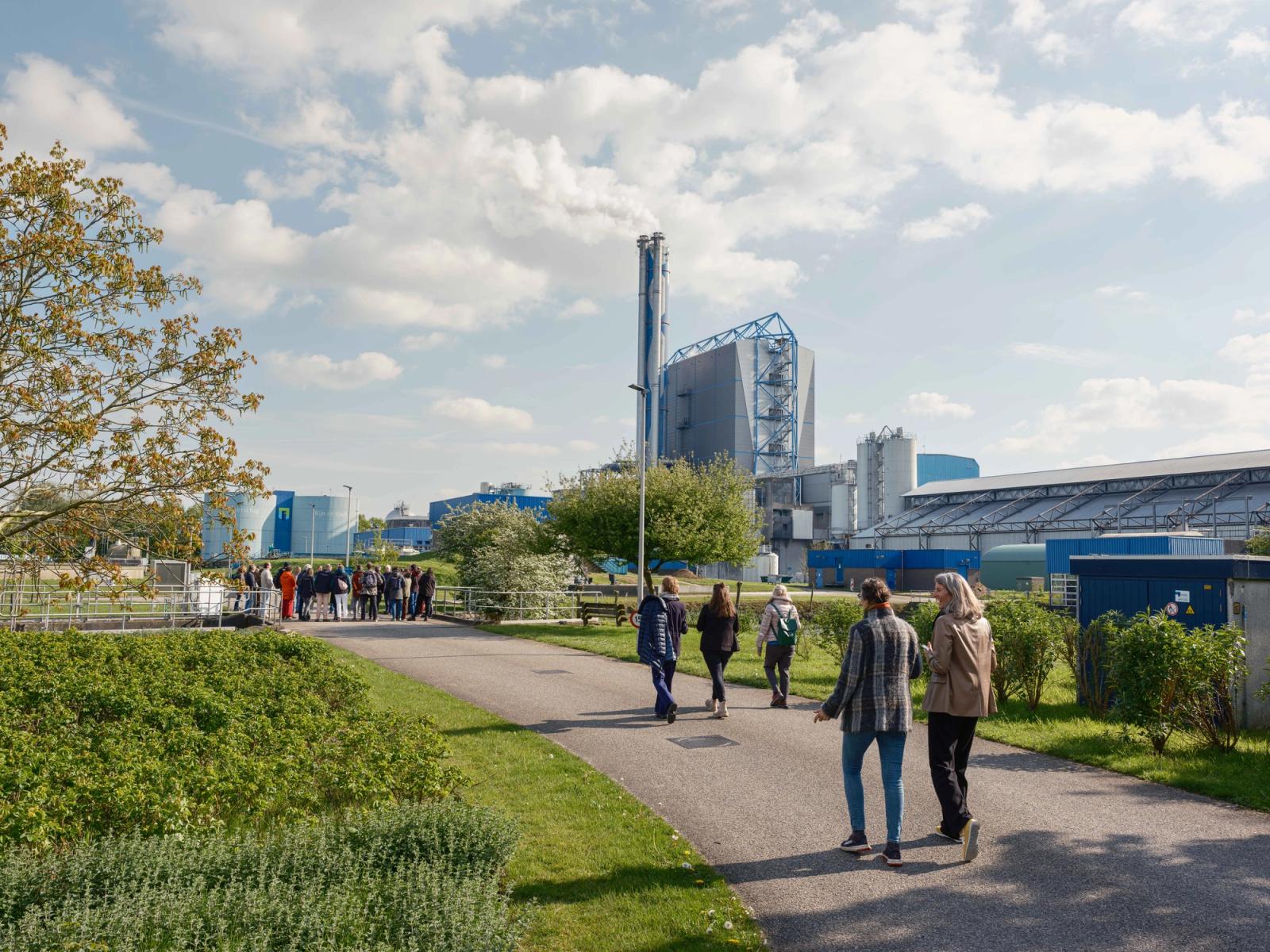 Links een grasveld met planten, in het midden een weg waar mensen op lopen, op de achtergrond gebouwen van Synergiepark InnoFase.